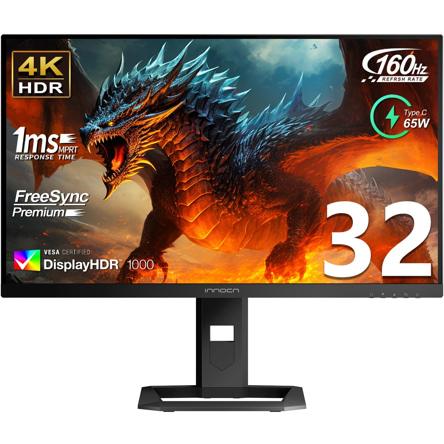 INNOCN 32" Mini LED 4K 160Hz 3840 x 2160P HDR1000 Monitor 1ms IPS HDMI 2.1, 99% DCI-P3, USB Type-C Connectivity, Height Adjustable Stand - Black (2026)