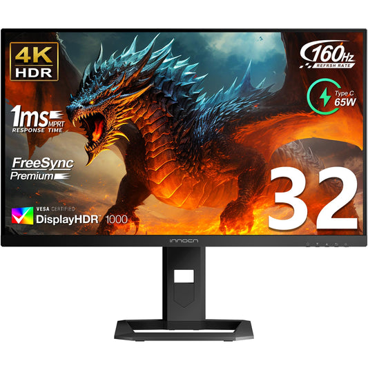 INNOCN 32" Mini LED 4K 160Hz 3840 x 2160P HDR1000 Monitor 1ms IPS HDMI 2.1, 99% DCI-P3, USB Type-C Connectivity, Height Adjustable Stand - Black (2026)