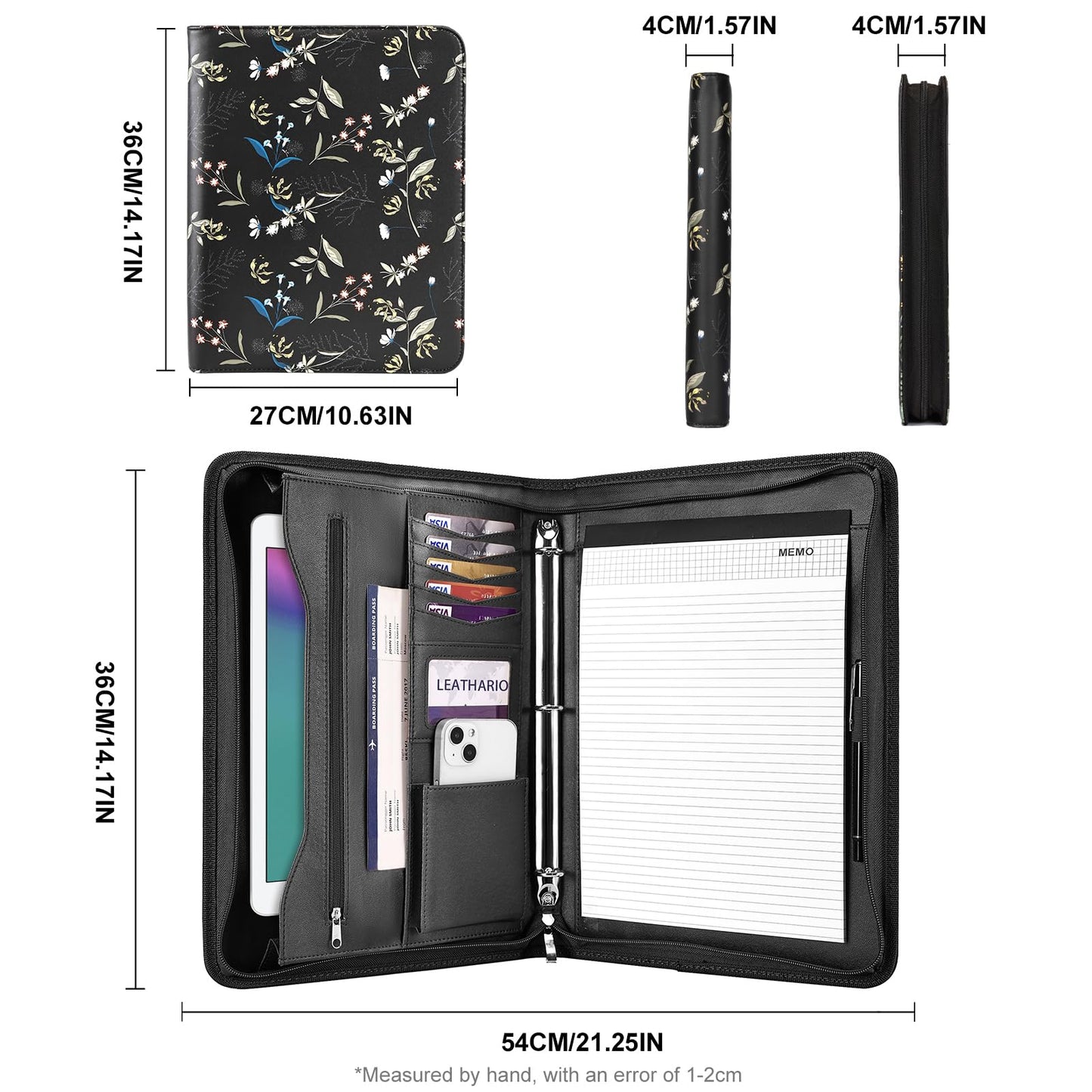Leathario Portfolio Binder, Includes 5 Folder Index Dividers and 3 Notepads, 3-Ring Folder Organizer, Padfolio with Zipper, Vegan Leather Tablet Sleeve, Business Office Conference Clipboards