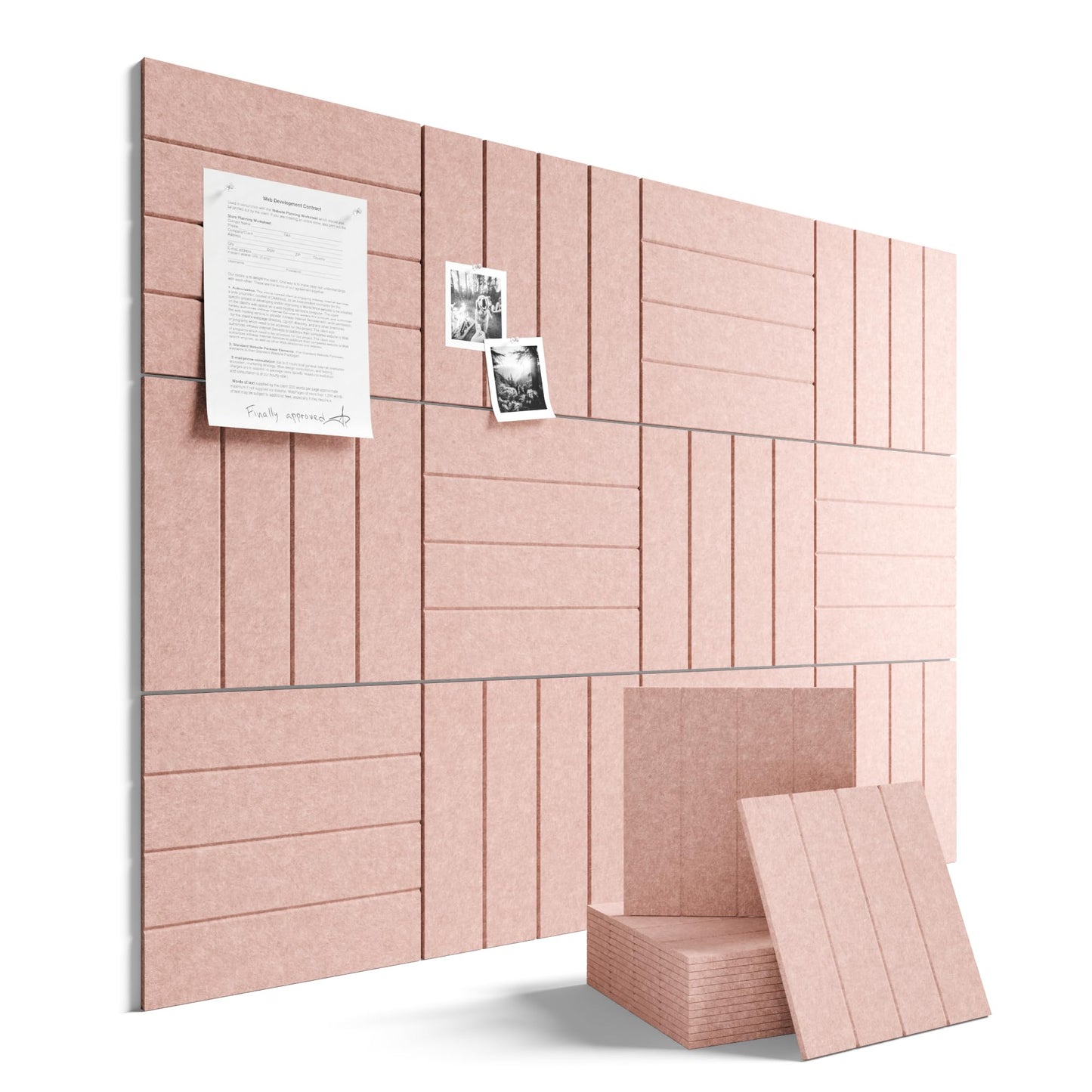 Fluxynara Felt Bulletin Board Tiles Large 48" x 36" Cork Board Alternative-12 Pack with 70 Adhesive Tabs, Thick Slat Wall Panels for Office Decor, Push Pin Board Wall Organizer Alternative -Pink