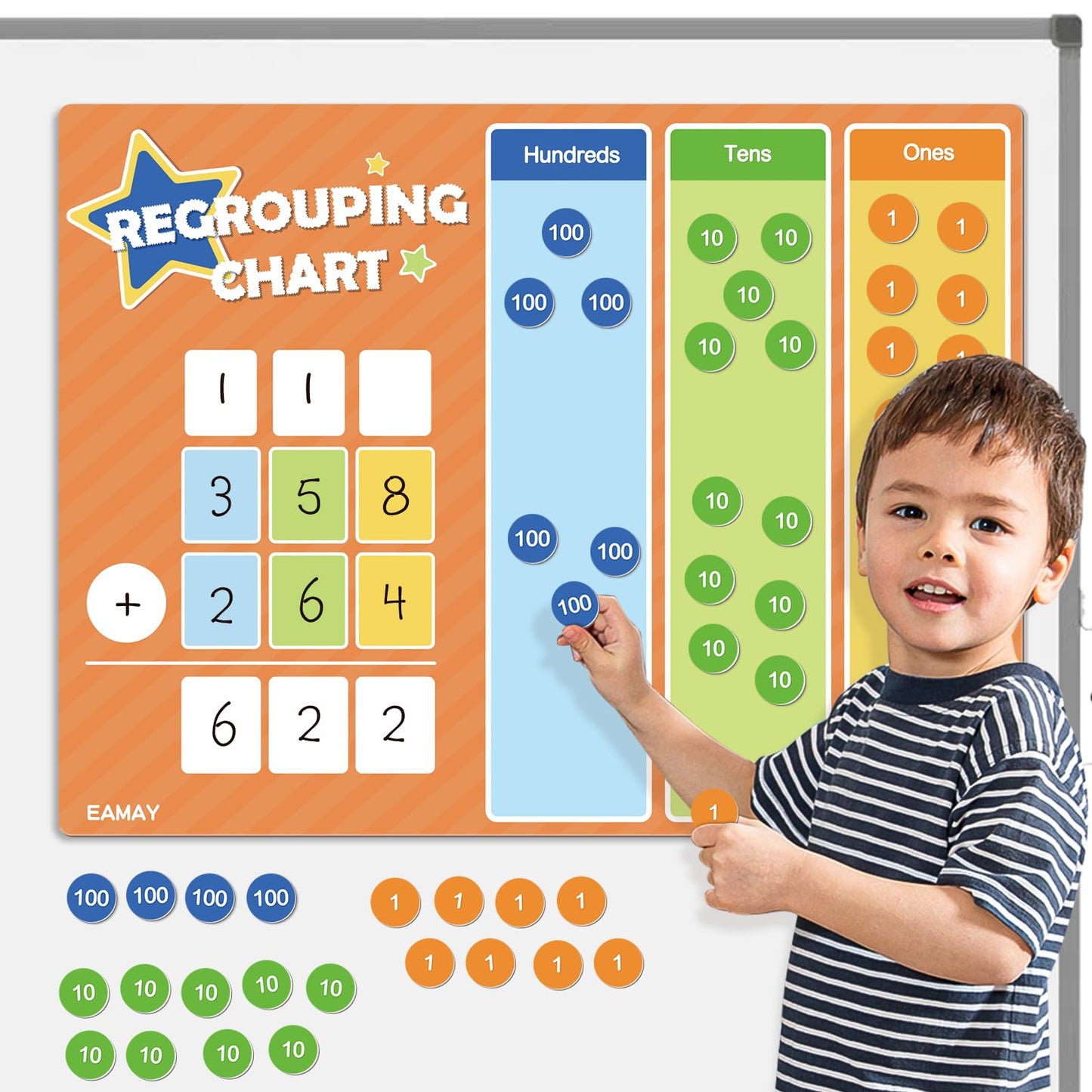 EAMAY Regrouping Base Ten Place Value Manipulatives, Addition and Subtraction Math Manipulatives for 1st 2nd 3rd Grade Classroom Must Haves! Kit with Magnetic Dry Erase Board and Magnetic Chips.