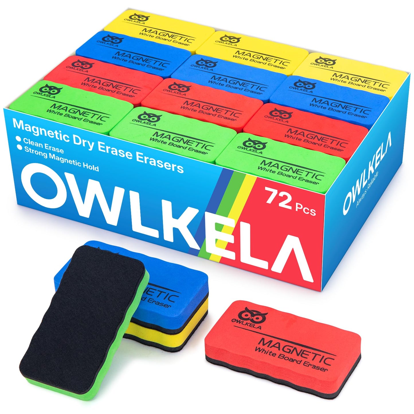 OWLKELA 72Pcs White Board Erasers, Magnetic Dry Erase Eraser Ideal for School, Office, Classroom and Home, 4 Colors