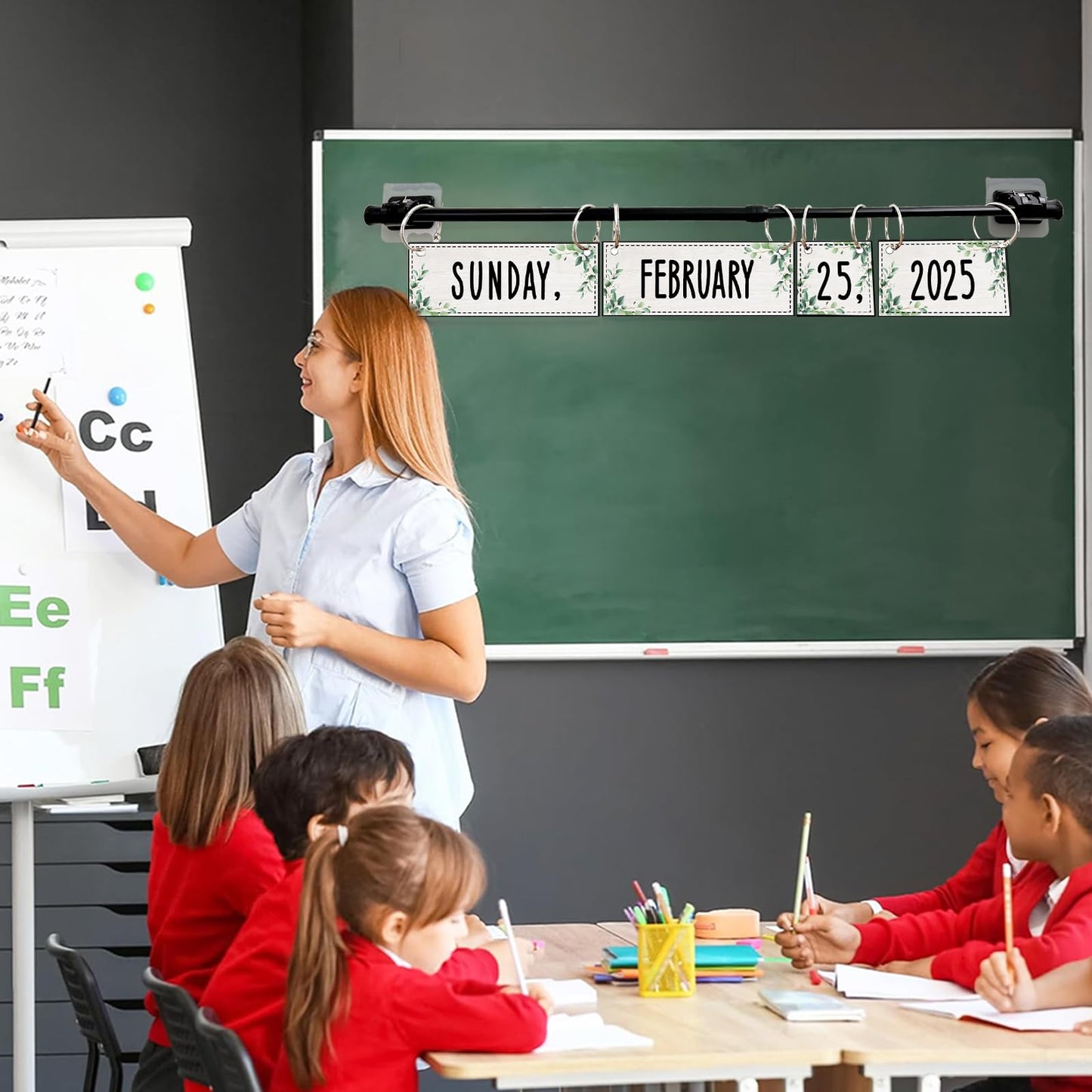 Flip Calendar Bulletin Board Set Classroom Decorations for Whiteboard with Adjustable Flip Calendar Rod Holder Date Cards Days of The Week for Classroom School Supplies(Greenery)