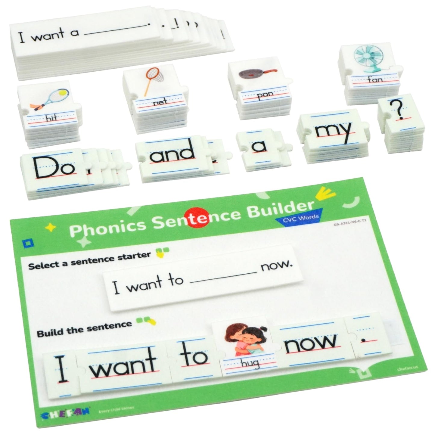 CHEFAN Sentence Building for Kids, Phonics Sentence Builder, CVC Word Games for Kids, Sight Words Flash Cards, Learn to Read Handwriting Practice, Preschool Kindergarten Homeschool & Speech Therapy