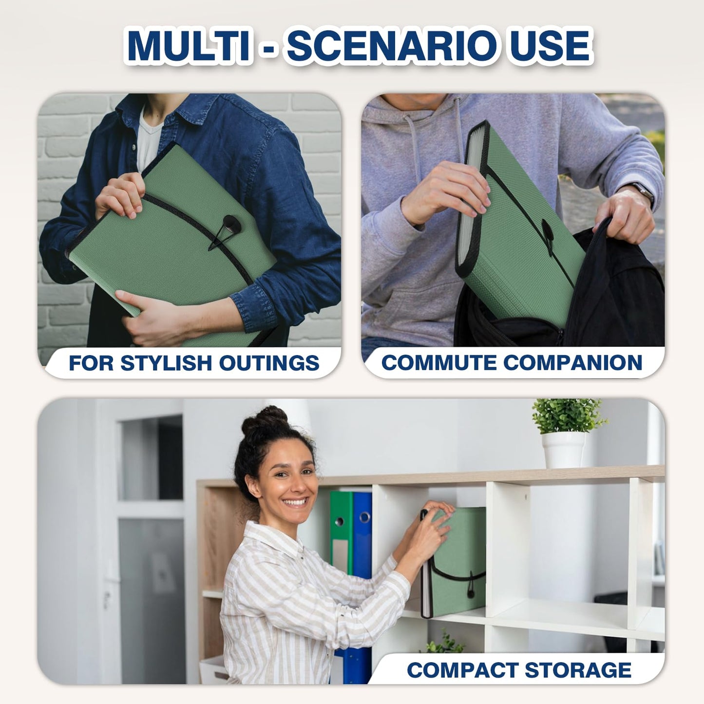 H4D 13-Pocket Accordion File Organizer with Mesh Pocket, Expanding File Folder with Tabs, Expandable Document Organizer for Home Office School, Letter Size, Sage