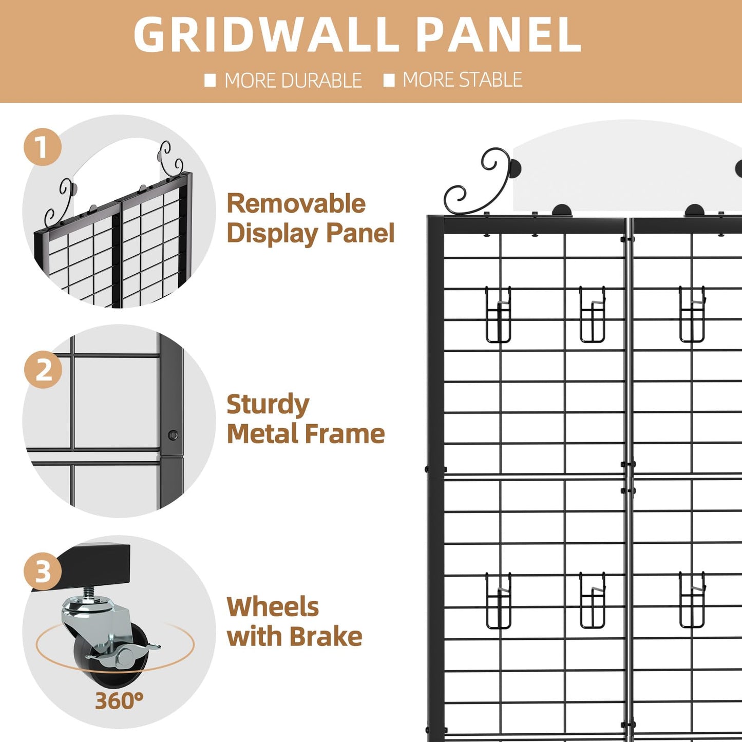 Urban Deco 2 Packs Grid Wall Panel Display Stand, 2.2' x 6.2' FT Gridwall Panel with Extra 16 Hooks, Craft Show Display Rack Black Metal Grids Standing Wire Rack for Retail Merchandise