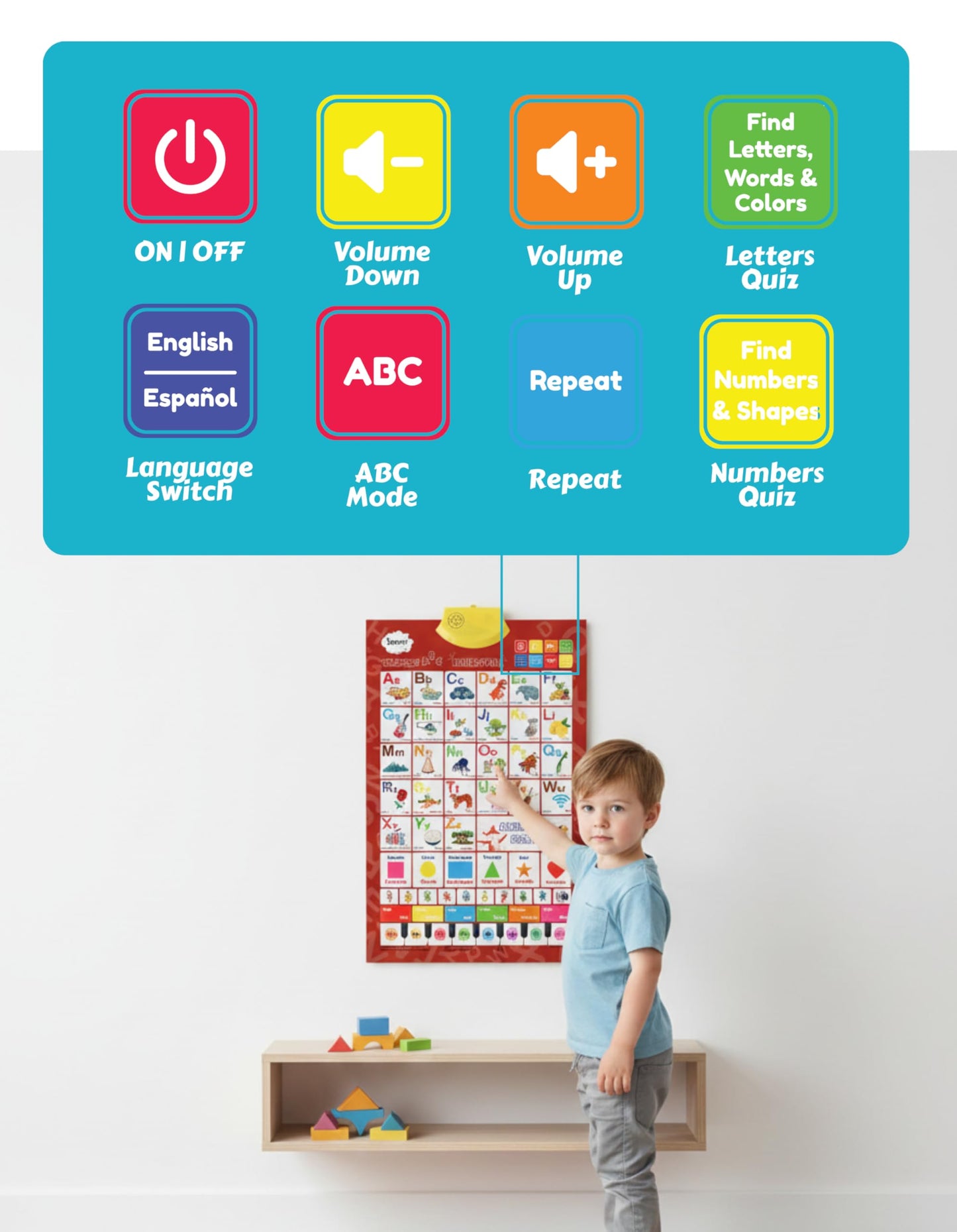 Bilingual English & Spanish Interactive Alphabet Wall Chart (2026 Model) – Talking ABC Letters, Numbers 123 & Music Learning Poster – Educational Toy for Toddlers & Kids Ages 3+