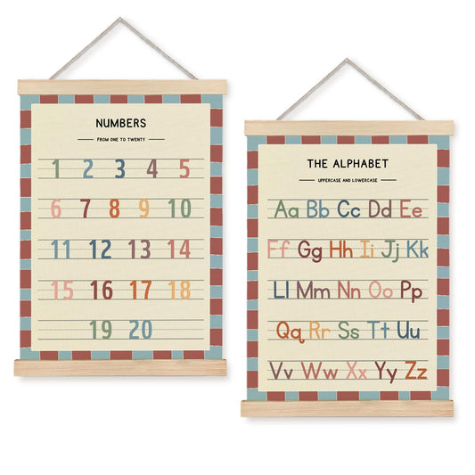 AEREYGBJYJ Numbers and Alphabet Nursery Wall Art Decor Poster Framed, Retro Boho ABC Kids Educational Learning Canvas Wall Art for Toddler Kids Bedroom Playroom Classroom, 12x16 Inch Set of 2