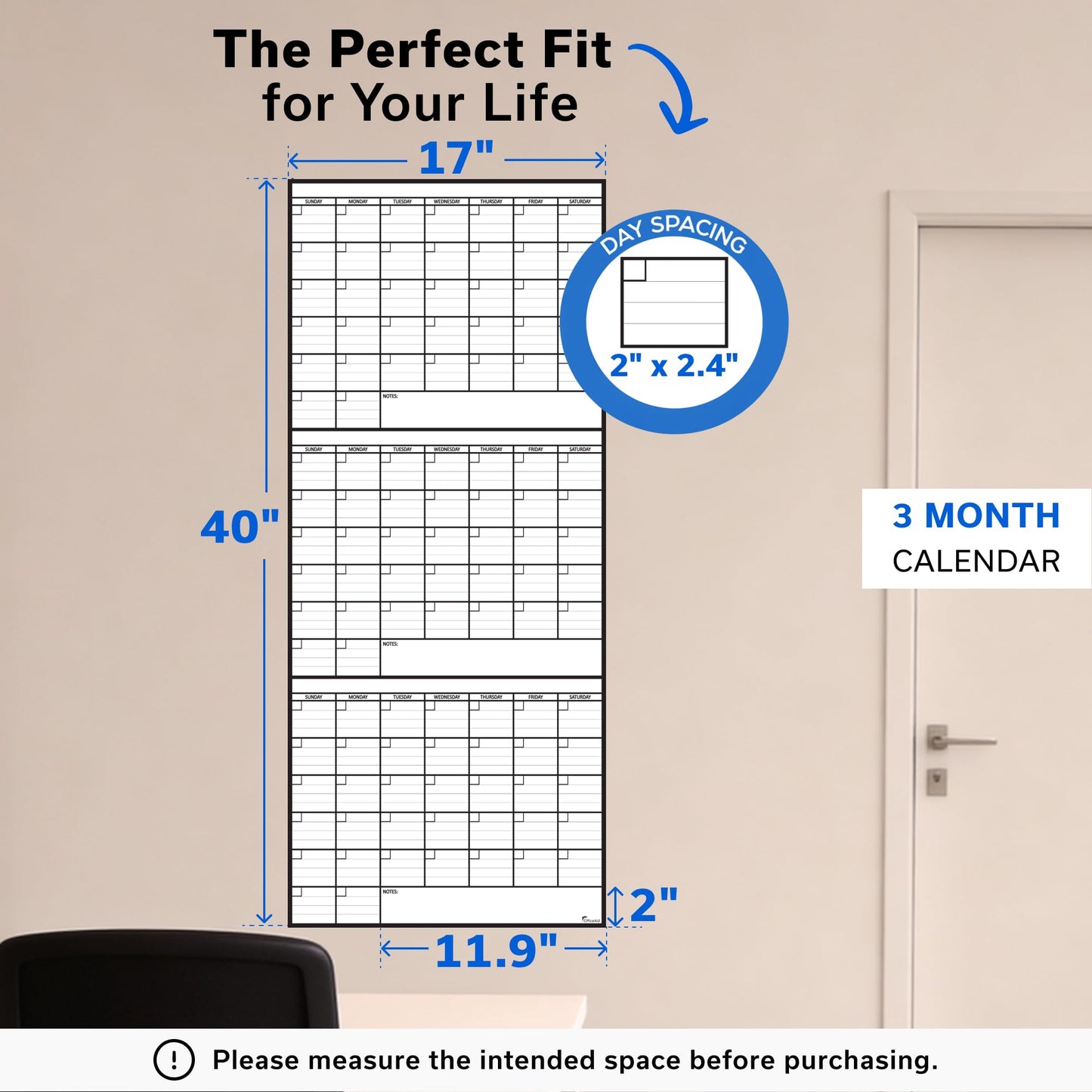 (2 PK) 3 Month Dry Erase Calendar for Wall 40x17, Family Office Large Reusable Big, Monthly Giant Dry Erase Planner, Rolled Whiteboard White Board, Classroom Calendar for Undated Wall Erasable