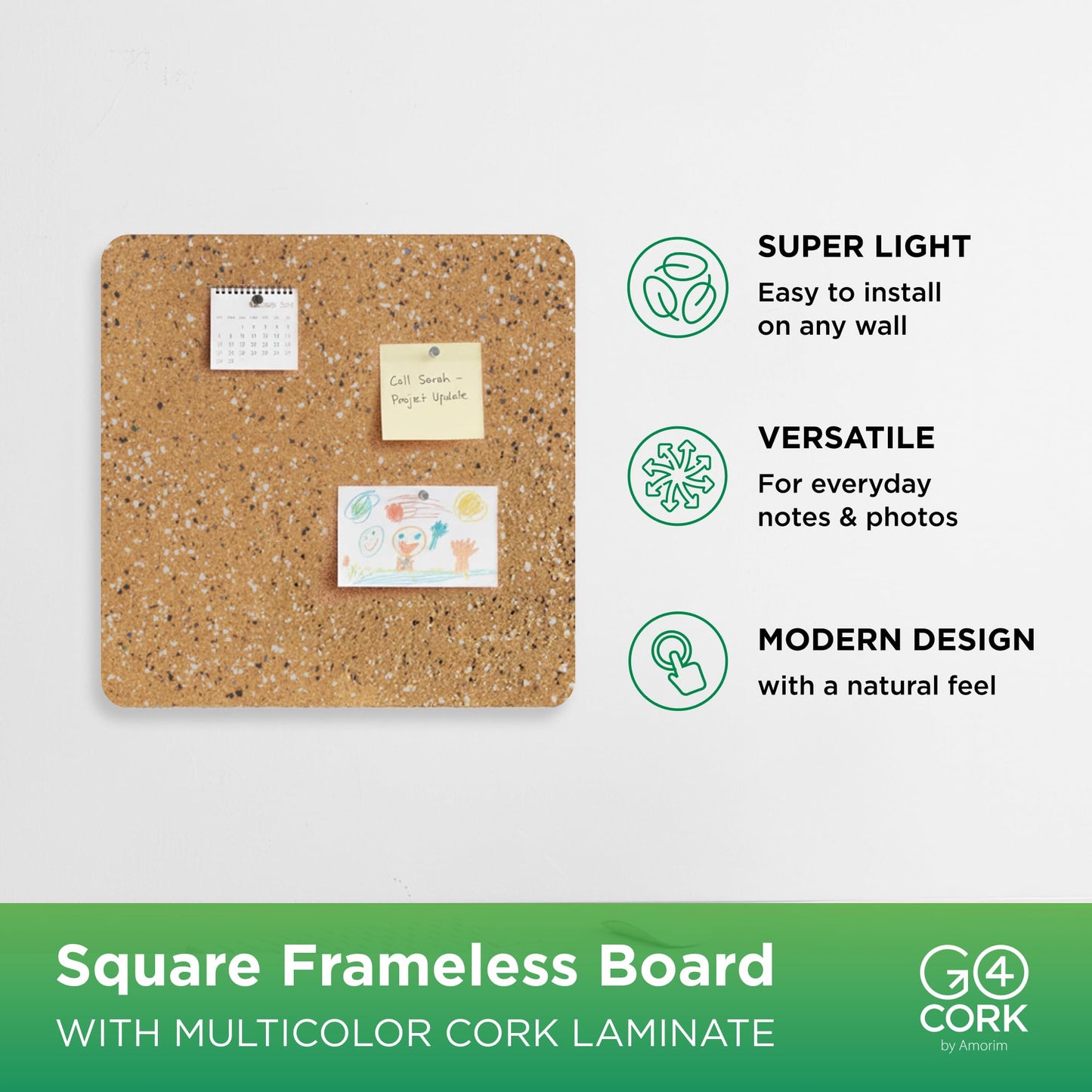 Go4Cork Square Frameless Cork-Laminated Foam Core Bulletin Board - 17.5" x17.5" | Lightweight Double-Sided Memo Board | Office & Home Organization Decor | Sticky Pads & Setup Accessories Included