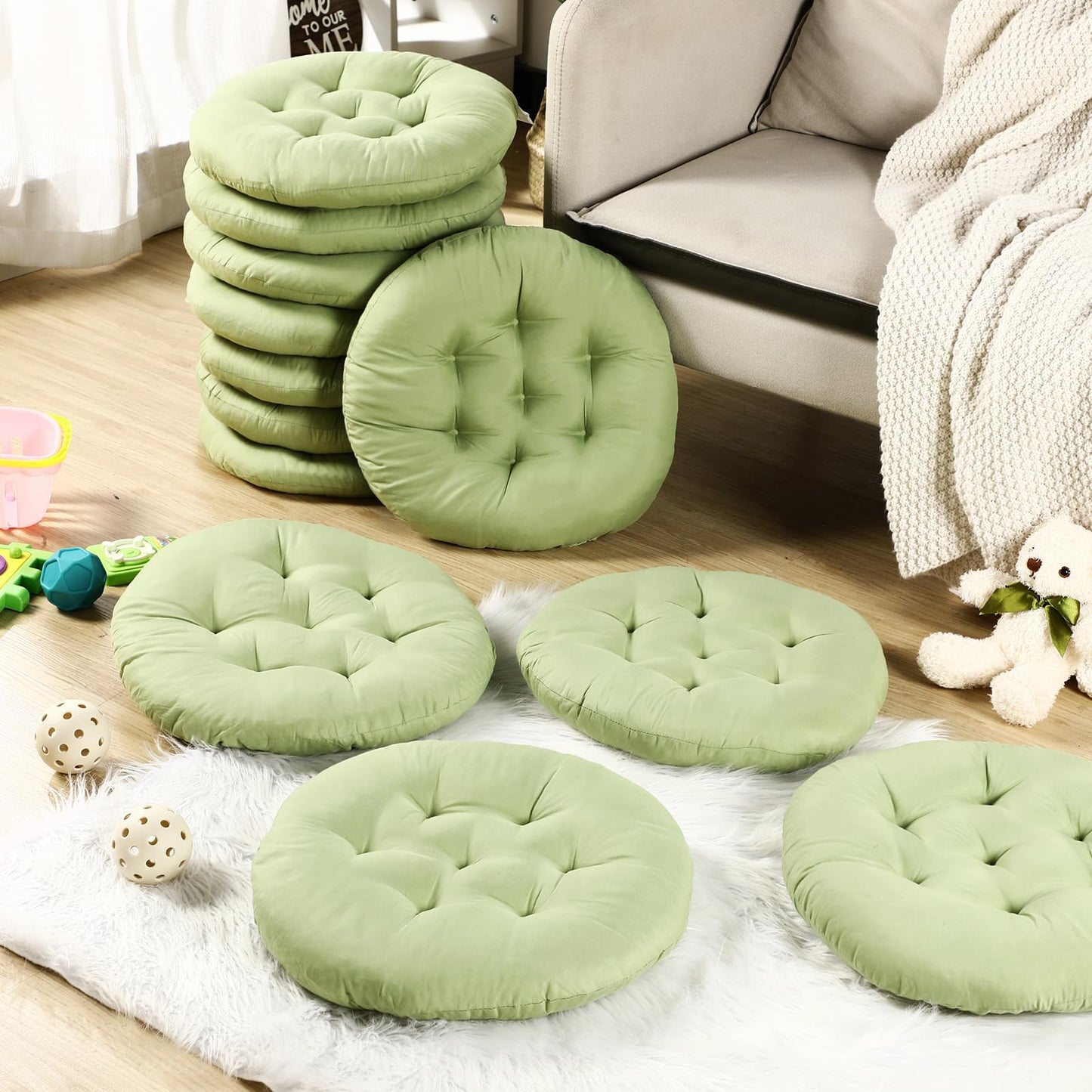 Fumete 12 Pcs Round Floor Pillows Cushions Seating 16 x 16 Inches Floor Round Cushions for Kids Toddlers Flexible Reading Chair Pillows for Classroom Home School Playing Supplies(Green)