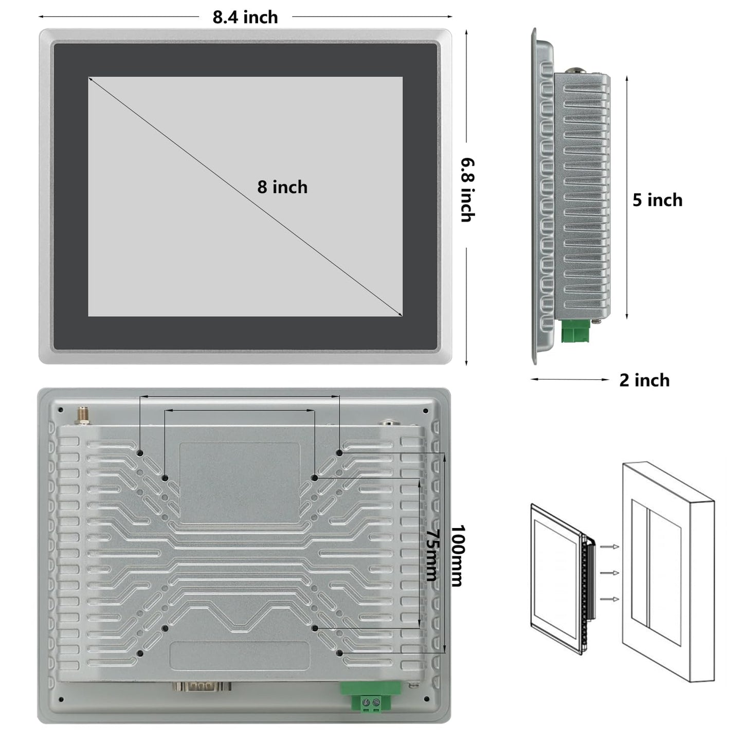 TouchWo 8 inch Industrial Embedded Touchscreen Monitor, Capacitive Multi-Touch Screen Industrial Front IP65 Monitor Built-in Speakers, HD-MI in, USB, VGA, 16:9 1024x768 Display