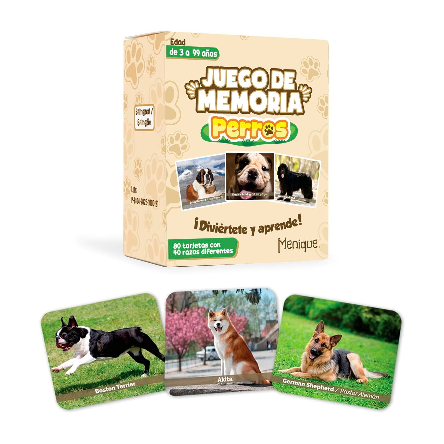 Menique – Dogs Memory Matching Game – Bilingual – 80 Cards (40 Pairs) with Real Photographs – Educational Game for Kids and Adults