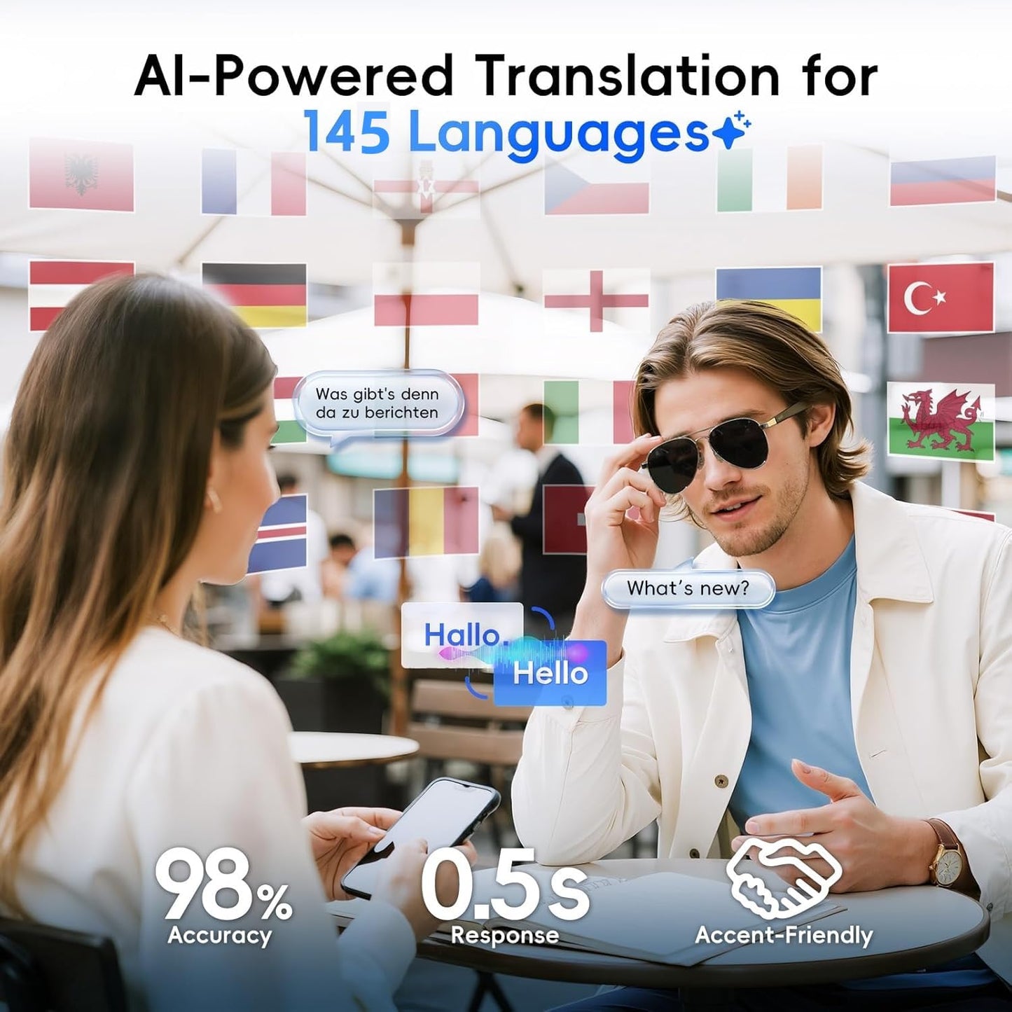 GetD AI Smart Glasses for Men Women with Classic Aviator, Nylon Polarized Bluetooth Sunglasses, Smart Sunglasses with ChatGPT AI Translation with for 145 Languages