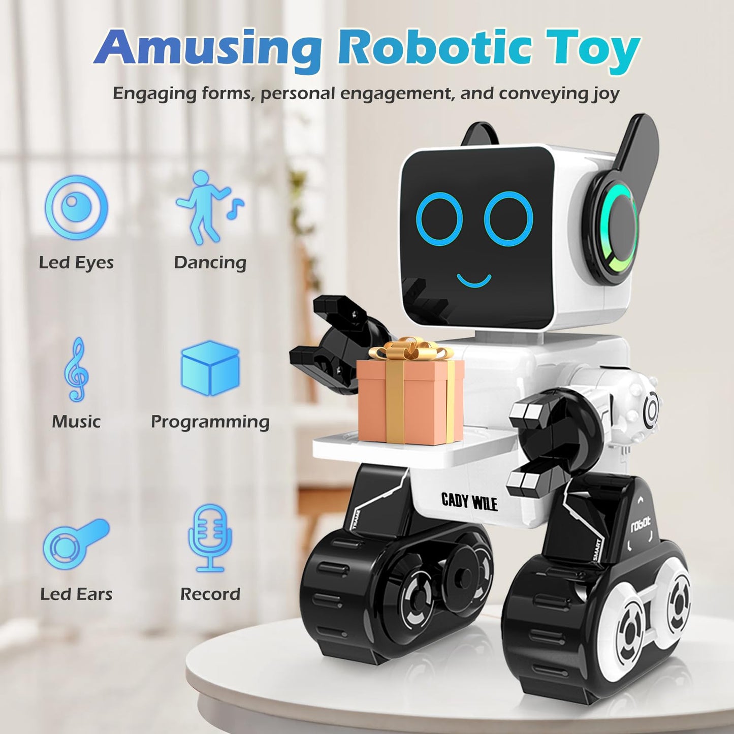 HBUDS Rechargeable RC Robot Toy for Kids - Interactive Intelligent LED Light, Speaks, Dances, Built-in Coin Bank (White)