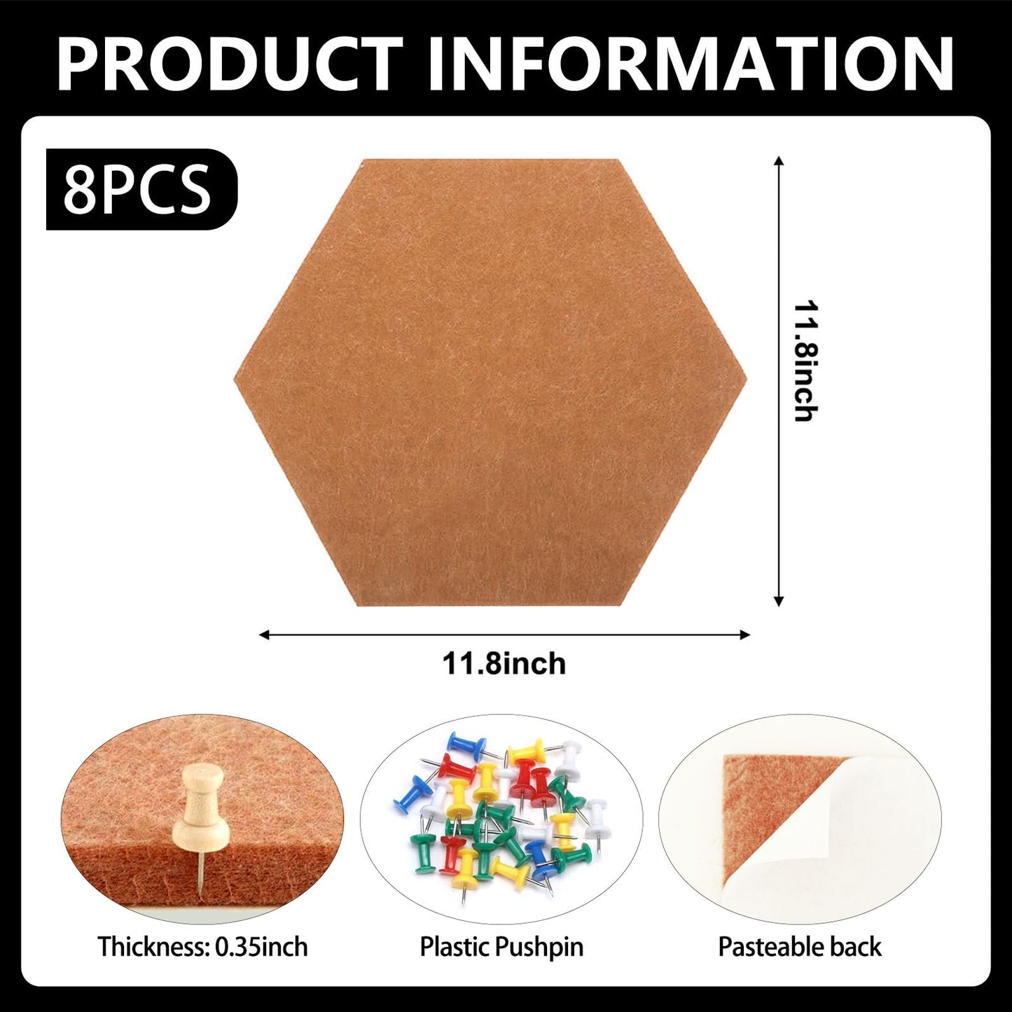 8 Packs Bronze Hexagon Felt Pin Board, 12" Bulletin Board with 30 Push Pins, Felt Board for Home Kitchen Office Decor, Self-Adhesive Corkboard Tiles for Walls Message Photos Memos Display