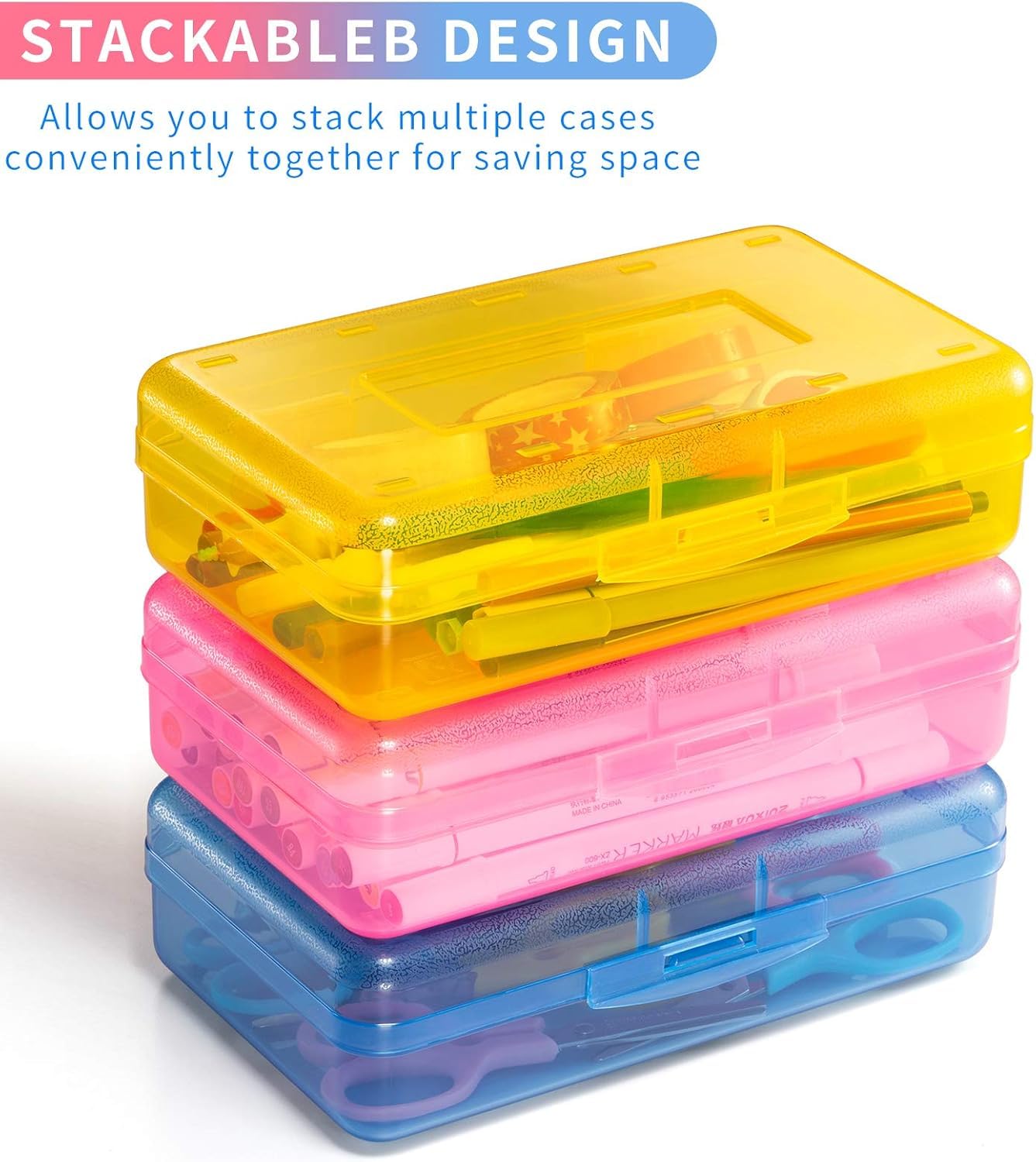 Sooez 3 Pack Pencil Case, Large Hard Pencil Box Bulk, Clear Crayon Box Marker Pen Organizer, Plastic Storage Container with Snap Lid, Stackable Art Craft Organizer Back to School Supplies