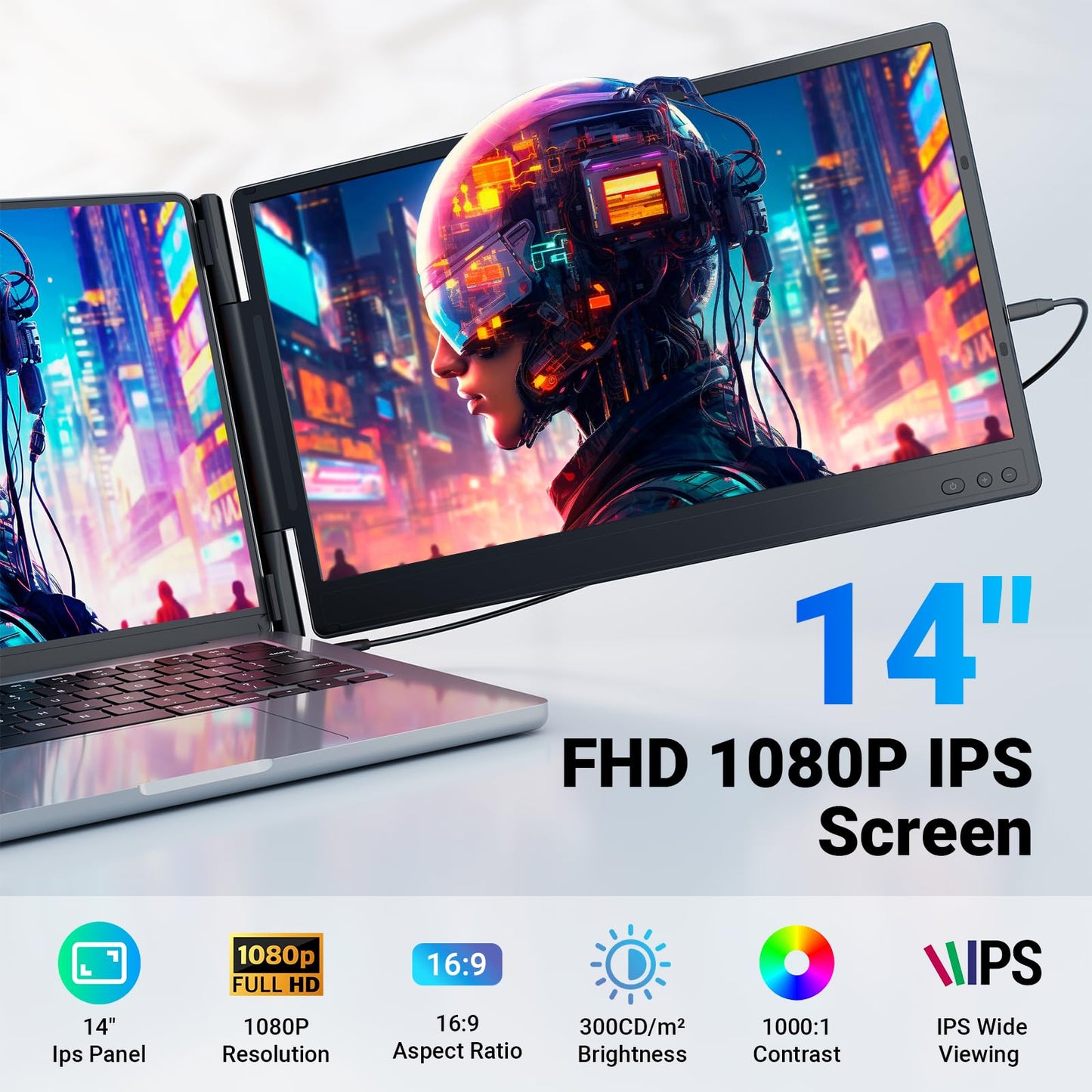 Ygretyrjh Laptop Screen Extender, 14" Triple Portable Monitor for Laptop, 1080P FHD IPS Screen Extender Monitors for 13"-17", Travel Monitor for Mac/Windows/Chrome, Built-in Speakers