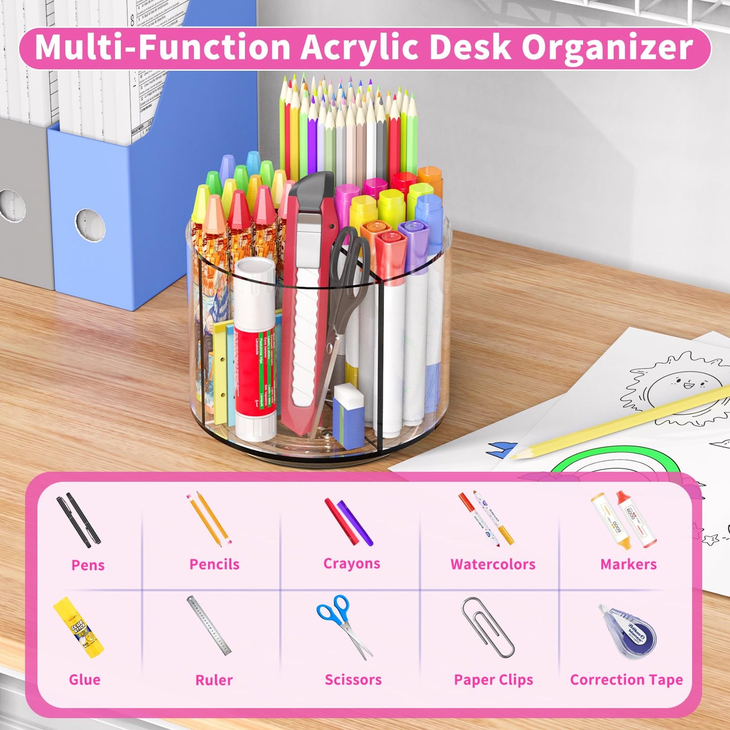 Wawocs Small Pencil Organizer for Desk Acrylic 4 Compartments, Tiny Rotating Art Supply Organizer Kids, Spinning Round Marker Small Clear Desktop Caddy Swivel Office Pen Pencil Holder