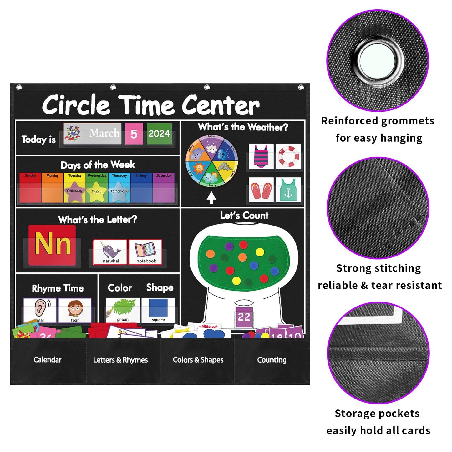BOHEMIABY Circle Time Learning Center Classroom Pocket Chart Preschool, Educational Pocket Chart Teaching Materials, Learning Calendar Weather Counting Letter Color, Circle Time Learning Center Black