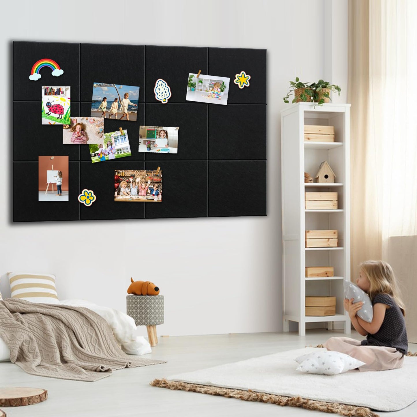 Bounmer Large Cork Bulletin Board - 48" x 36" Cork Board for Walls - 12 Pack Felt Tiles, 60 Removable Safe Adhesive Tabs & 30 Pushpins - for Office, School, Home Decor (Black)