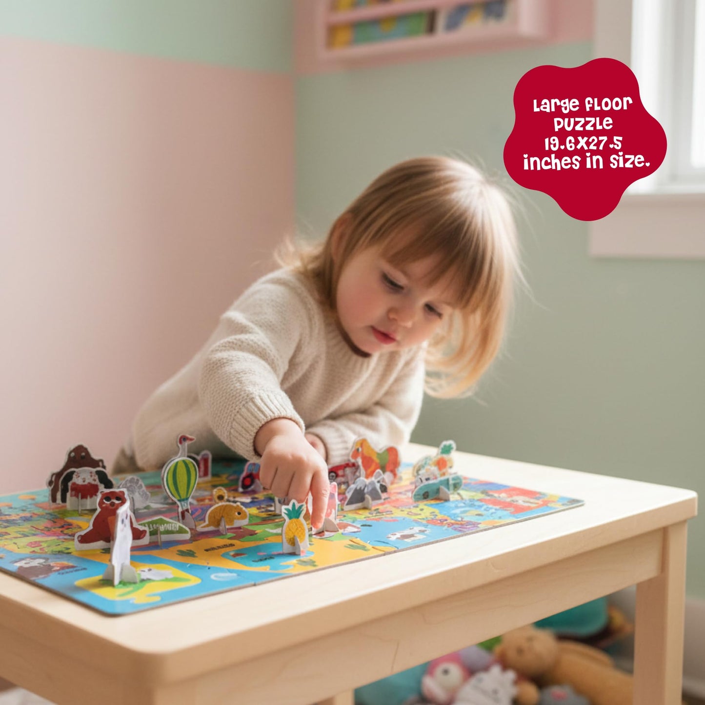 Dinomini Giant USA Map Puzzle for Kids - with Interactive Standing Figures - Floor Puzzles for Kids Ages 3-5 - Preschool Learning Activities - Learning & Educational Toys