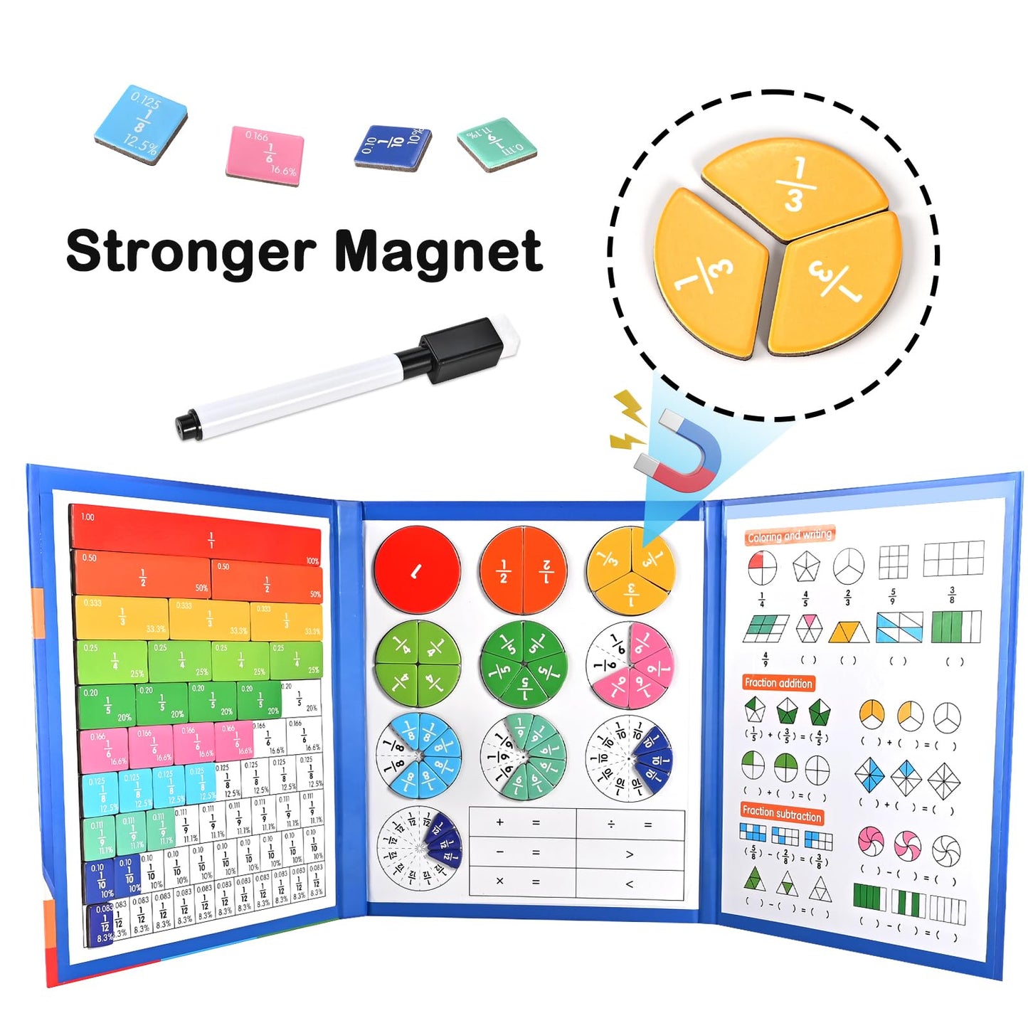 Magnetic Fraction Demonstration Book with Magnetic Fraction Tiles & Circles, Hands-On Fraction Manipulatives for Kids, Visual Math Learning Set for Classroom, Homeschool & Early Math Practice
