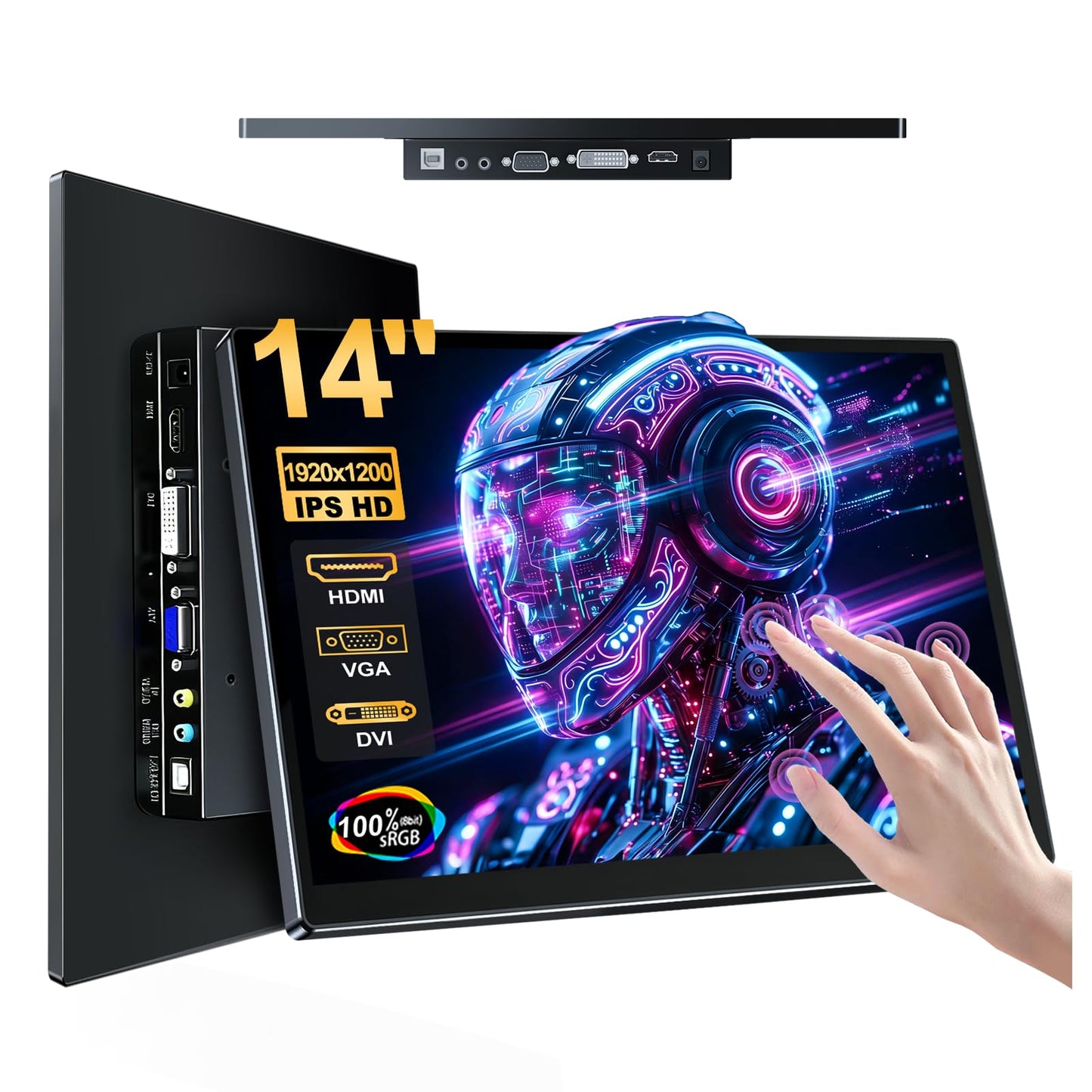 JUNEBOX 14" Touchscreen Monitor - Equipped with VGA DVI and HDMI VESA Dual-Speaker,1080P IPS 10-Point Industrial Touchscreen Monitor for PC Laptop RPi POS Kiosk Home,Industrial Equipment (Black)