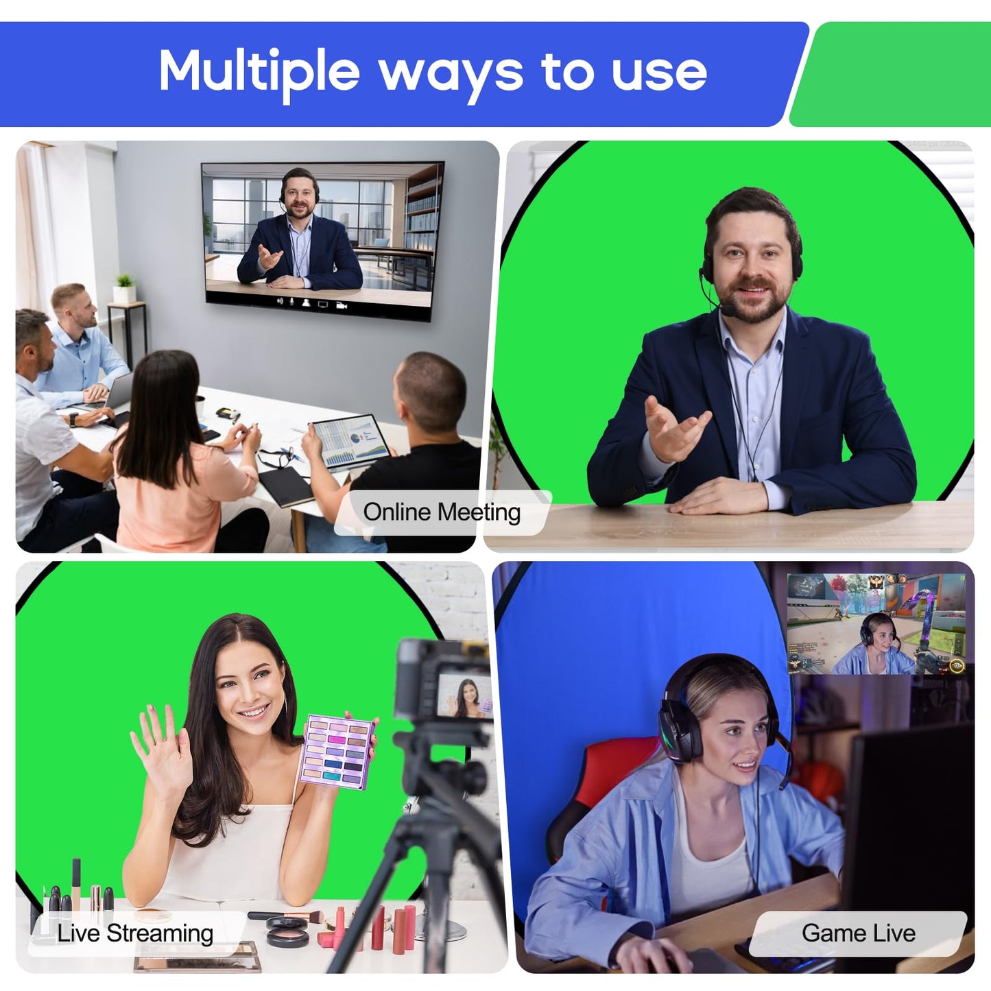 Portable Blue Green Screen Chair, 57 in Greenscreen Backdrop with Stand 2-in-1Double Sided Foldable Green Background, for Video Chats and Meetings, Photography, Photo Zoom, Streaming Games