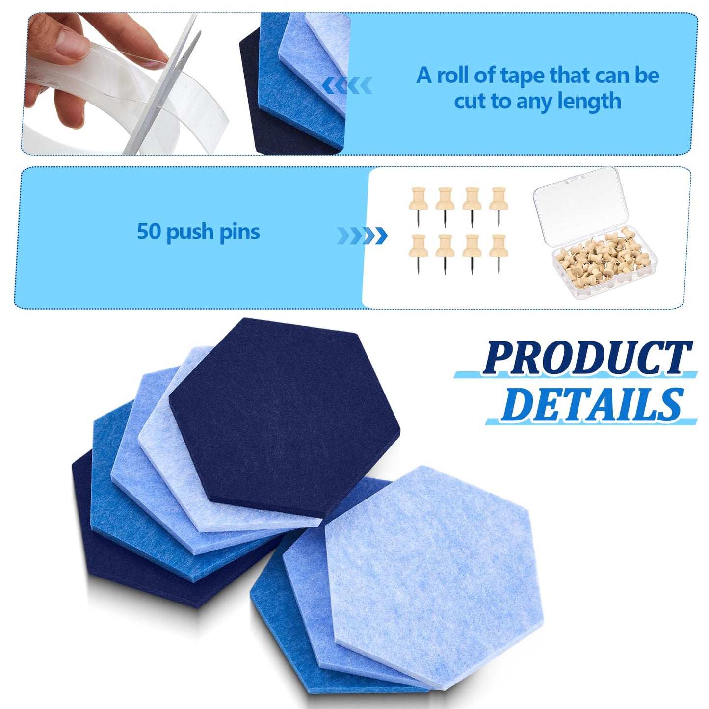 Mindsoft 16 Pcs Hexagon Cork Board for Walls with 50 Wooden Push Pins 6.7 x 5.9 in Felt DIY Tiles Notice with Nano Tape Hanging Bulletin Board for Home Photo Office Memo Note(Ocean)
