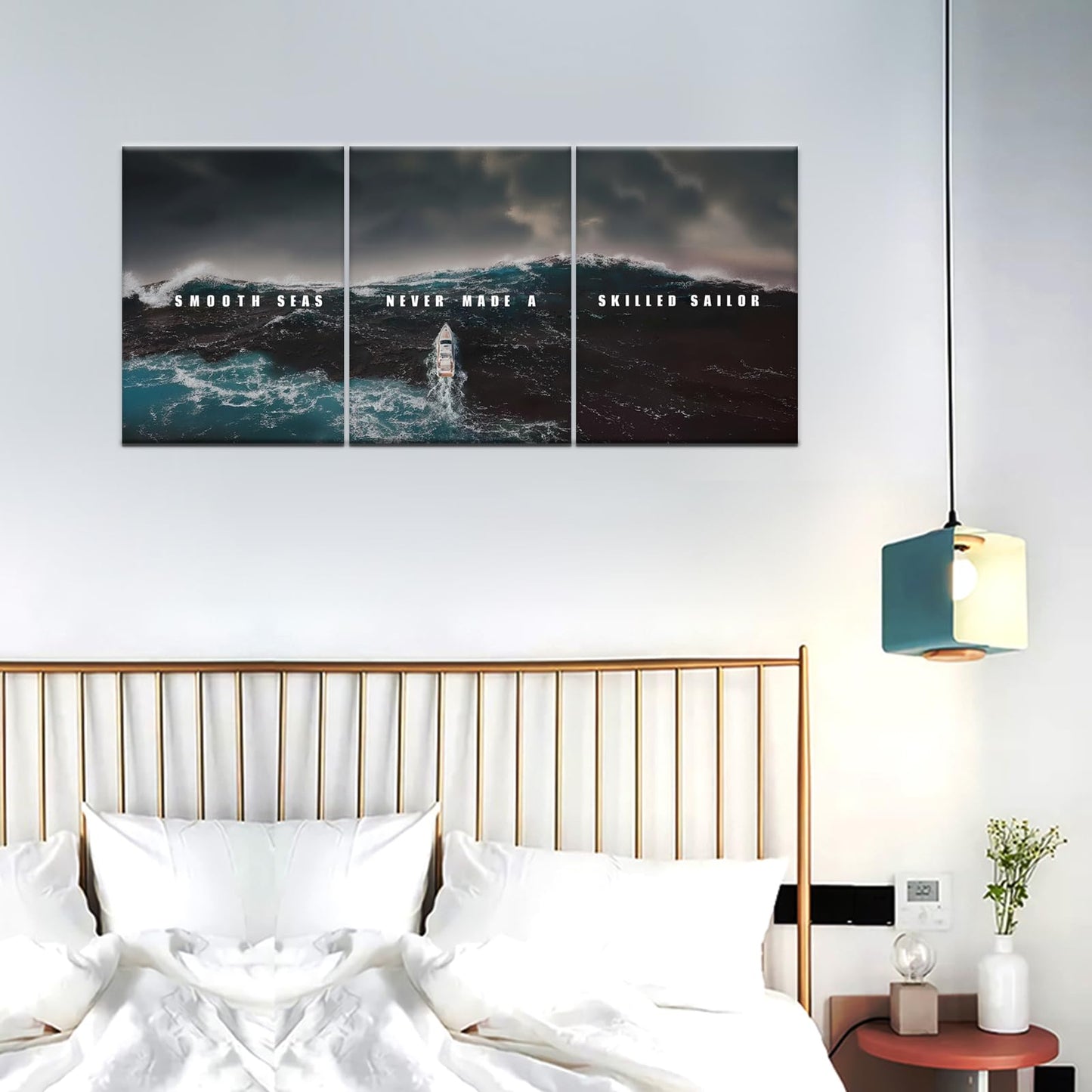 PSYYSP 3 Piece Canvas Wall Art Smooth Seas Never Made a Skilled Sailor Quote, Stormy Ocean Boat Triptych Wall Decor for Bedroom Office, Framed Canvas Prints Set 36x16 Inch