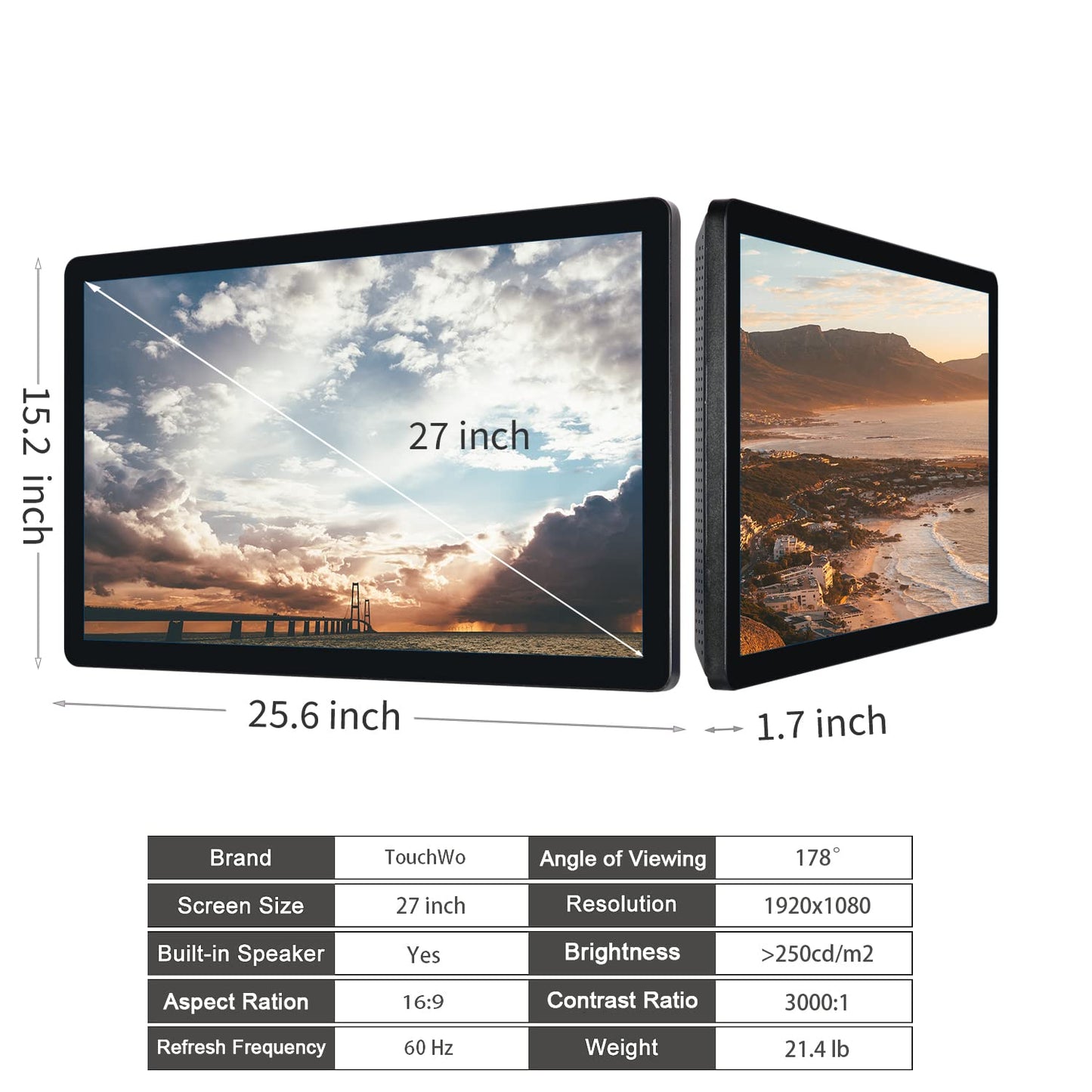 TouchWo 27 inch Touch Screen PC Monitor, Intel i3, 4GB RAM, 128G SSD, 16:9 FHD 1080P, Windows 10, Smart Board for Classroom, Meeting & Home, USB, VGA & HD-MI Monitor