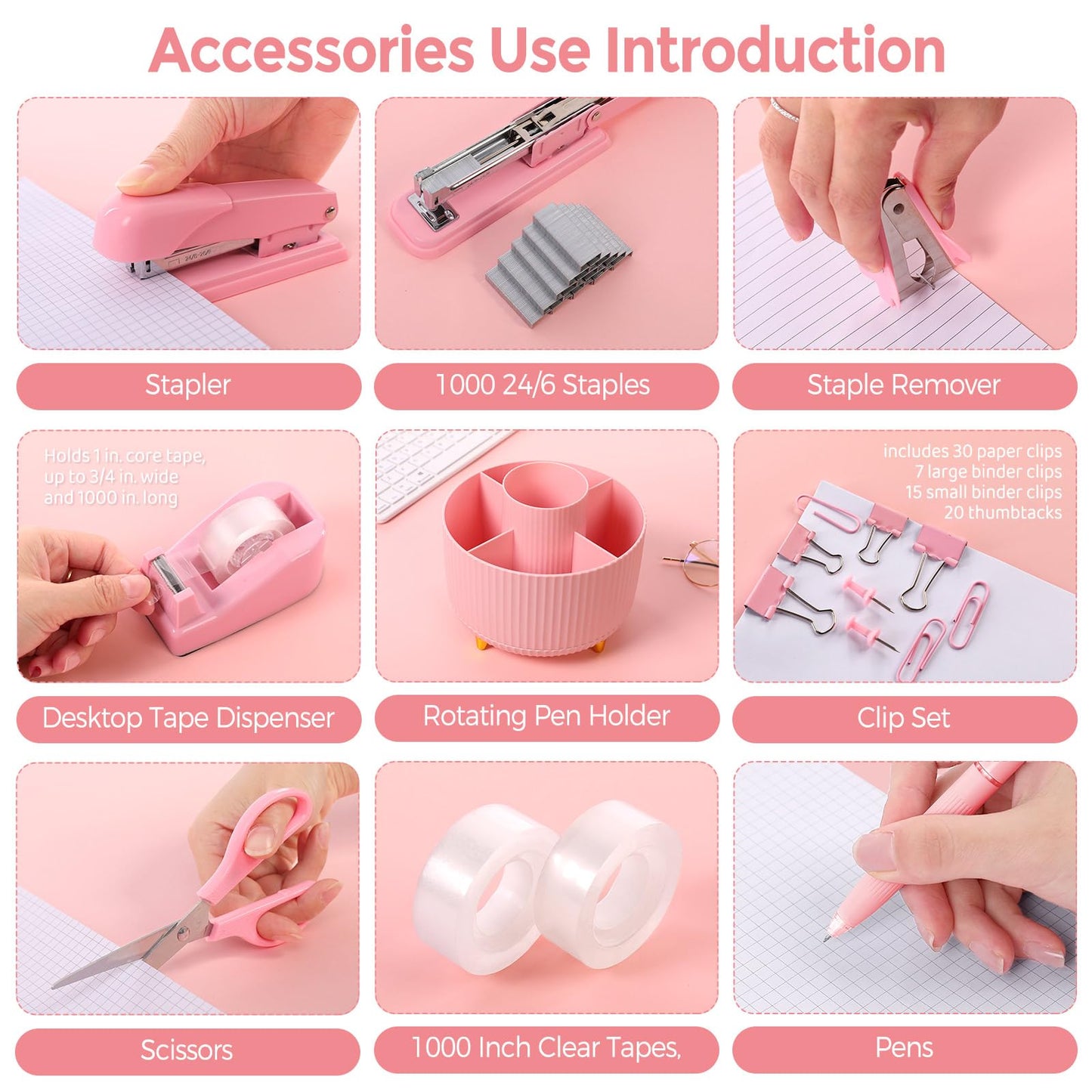 SKYDUE Pink Desk Accessories 10Pcs, Rotating Pen Holder for Desk, Stapler, Staple Remover, Tape Dispenser,2pcs Tape Refills, Binder Paper Clips Kit, Scissor,Pink Office School Supplies