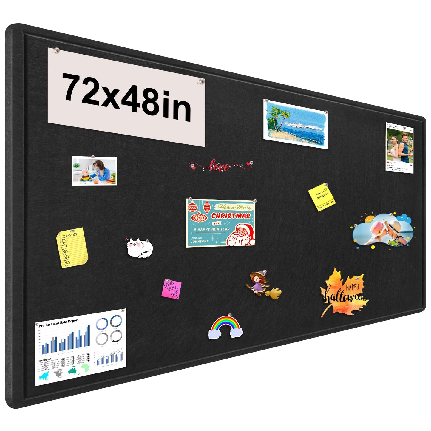Large Bulletin Board, Foldable 72x48 Inches Cork Board Alternative, Large Felt Board Decorative Pin Board for Wall, Foldable Photo Board Self-Adhesive Vision Board with 36 Pushpins Black