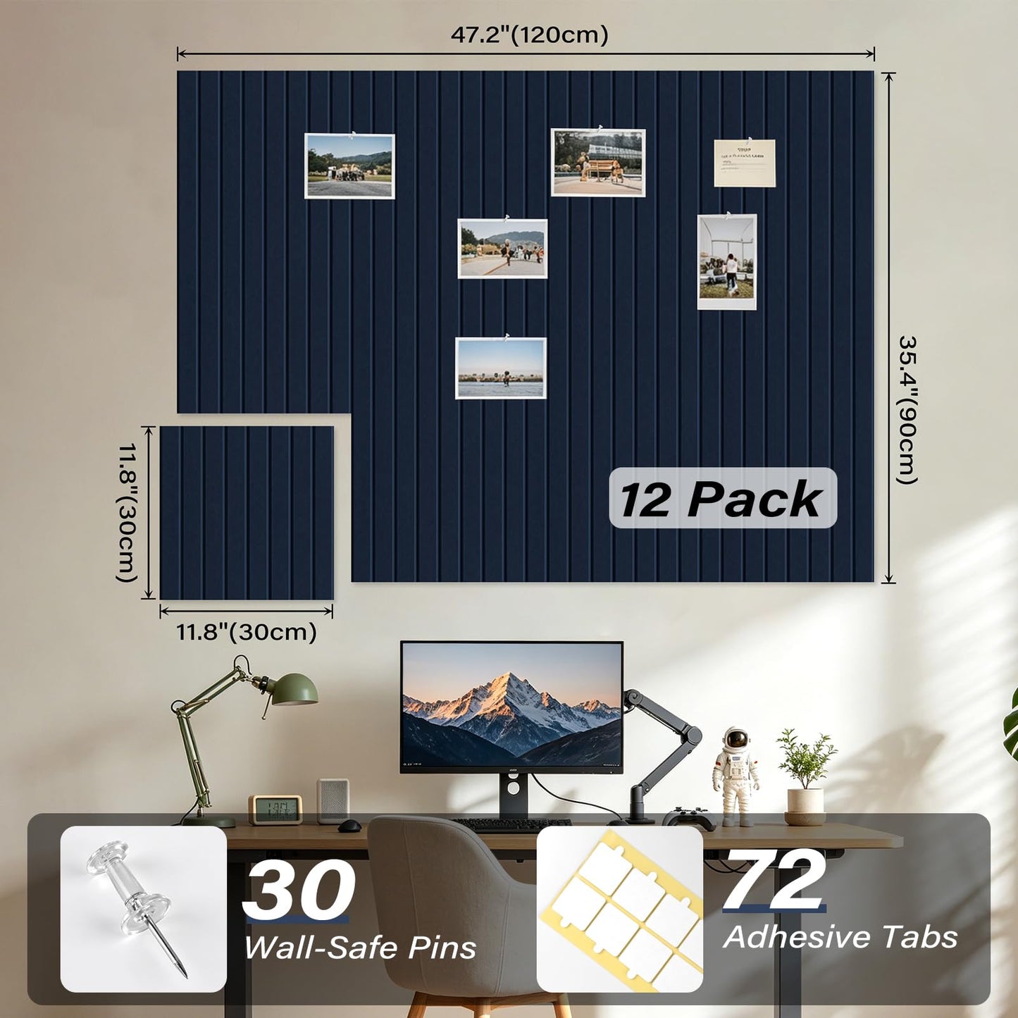 Large Felt Bulletin Board，47.2" x 35.4" 12 Pack Cork Board Alternative for Walls,Felt Wall Tiles for Office & Home Decor,Pin Board with 30 Pcs Pushpins and 72 Adhesive Tabs-Navy Blue