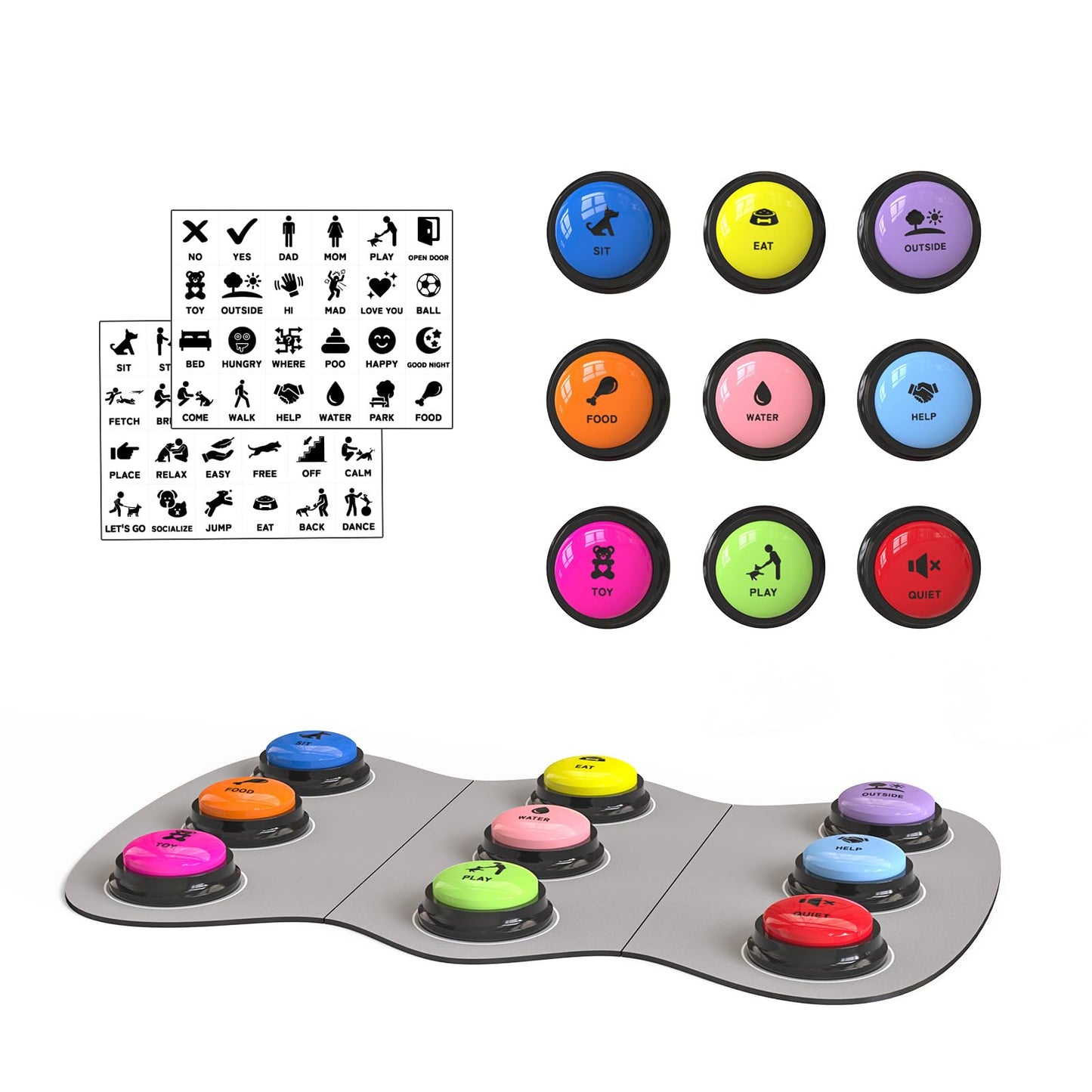 Acools Dog Buttons for Communication, 9 Pcs Recordable Talking Button Set with 30s Voice, Pet Training Buzzer Kit for Dogs and Cats, Waterproof Anti-Slip Mat, 48 Scene Stickers for Outside/Food/Play