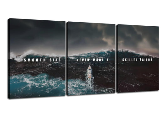 PSYYSP 3 Piece Canvas Wall Art Smooth Seas Never Made a Skilled Sailor Quote, Stormy Ocean Boat Triptych Wall Decor for Bedroom Office, Framed Canvas Prints Set 36x16 Inch