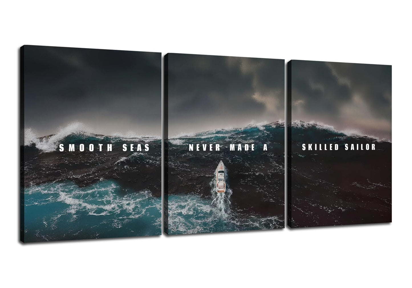 PSYYSP 3 Piece Canvas Wall Art Smooth Seas Never Made a Skilled Sailor Quote, Stormy Ocean Boat Triptych Wall Decor for Bedroom Office, Framed Canvas Prints Set 36x16 Inch
