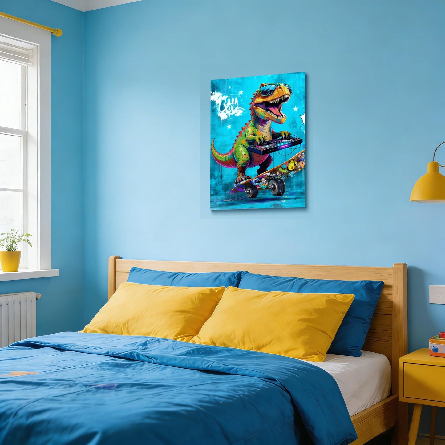 16x24 Graffiti Blue Skateboard T-Rex Dinosaur Canvas Wall Art Prints, Framed Watercolor Animal Pop Cool Painting, Funny Kids & Teen Boy Bedroom Decor, Home Bathroom Living Room Wall Poster Gift