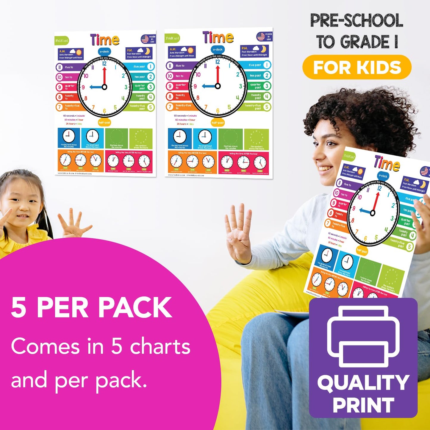 Time Chart for Preschool to Grade 1 Kids – Learn How to Tell the Time – Colorful Educational Visual/Learning Aid Poster for Classroom or Home | Glossy Durable Cardstock | 8.5" x 11" | 5 per Pack