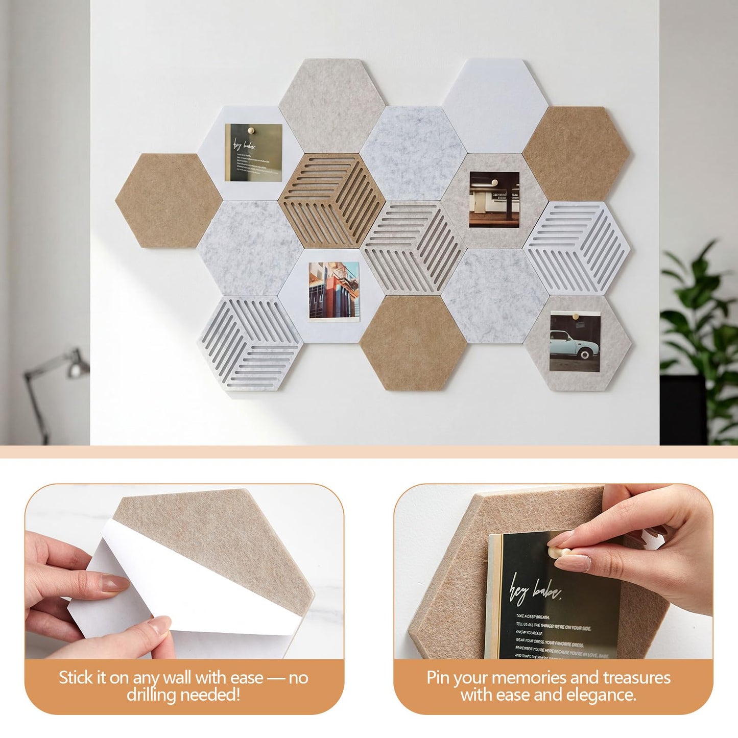 Mindsoft 16 Pcs Hexagon Cork Board Tiles for Wall Decor, 7x6 Inch Self-Adhesive Corkboard Tiles with 50 Pins, Hexagon Pin Board for Home Office Classroom Notes Photos DIY Decor