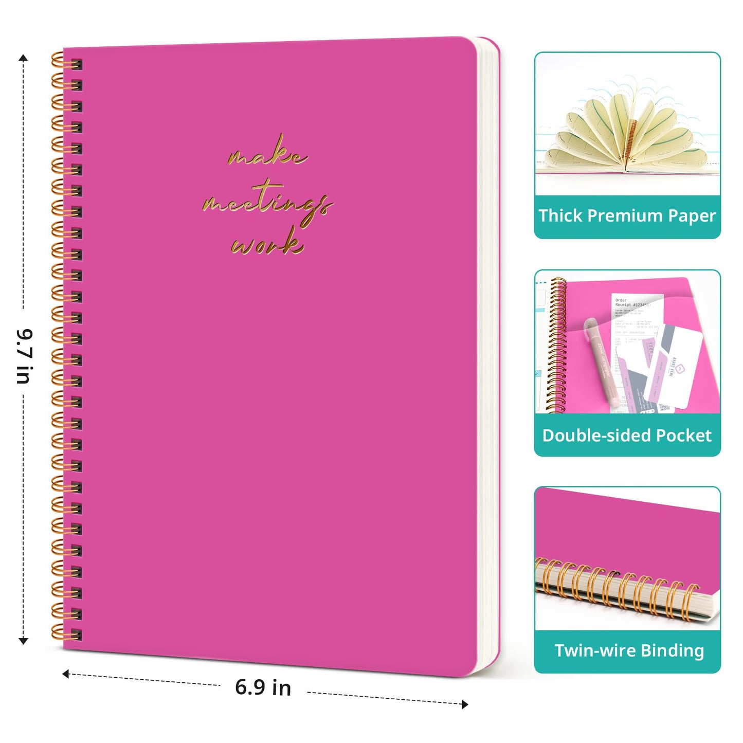 Meeting Notebook for Work Organization - Work notebook with action items, Meeting Minutes Planner Notebook, Perfect Office Supplies for Men & Women - Berry Pink