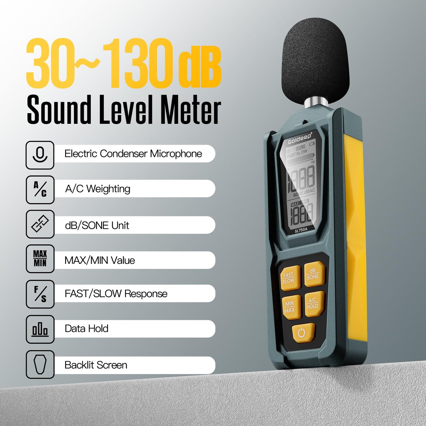Decibel Meter, Goldeep SL750A Digital Sound Level Meter 30-130dB, A/C Weighted DB Meter with dB/SONE, Fast/Slow, MAX/MIN, LCD Sound Meter for Home, Office, Factory, Neighbor Noise - Lemon Yellow