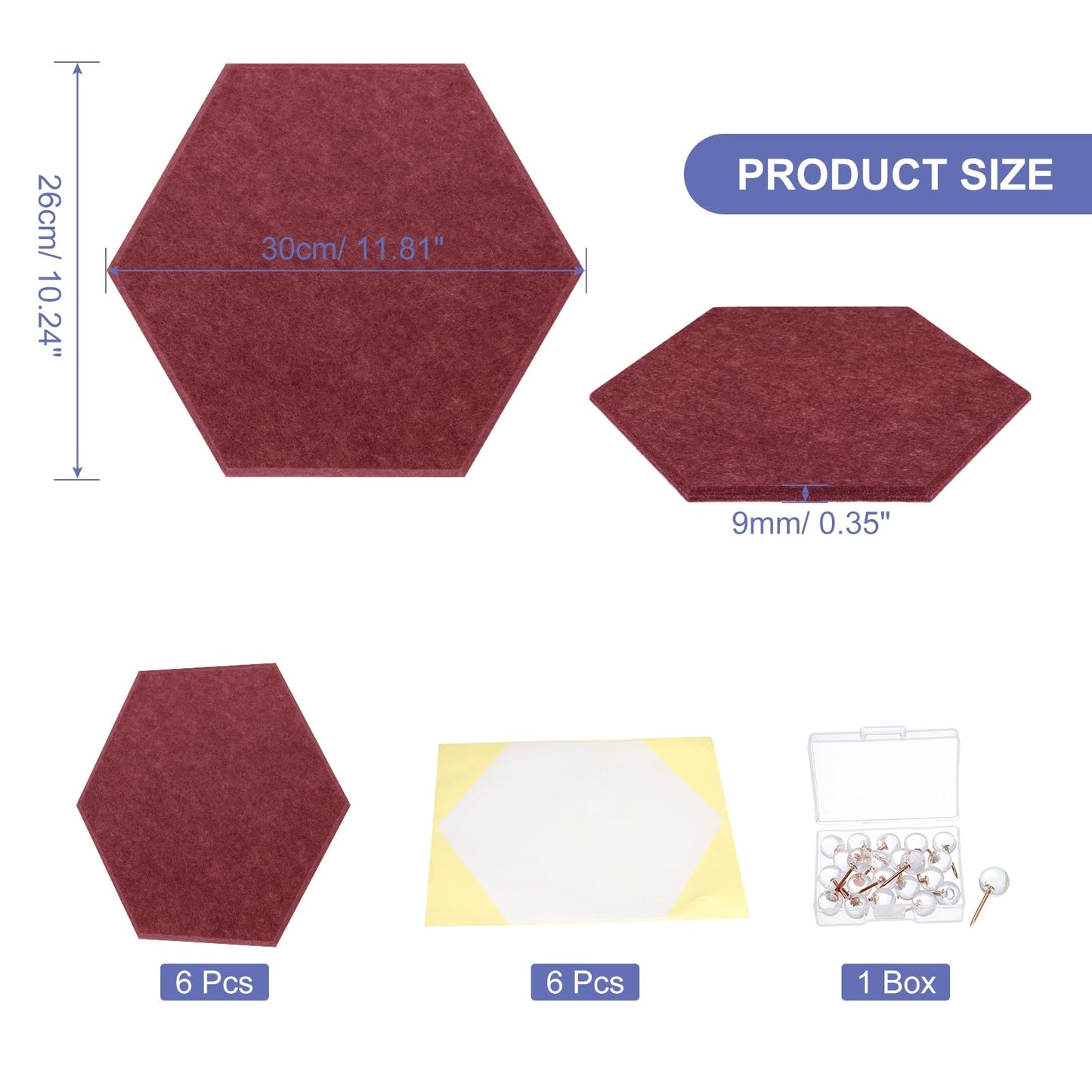 PATIKIL Felt Bulletin Board, 12"x10", 6 Packs Self Adhesive Hexagon Felt Tiles for Sound Proofing Wall Panels for Home Office Recording Studio,Game Room, Wine Red
