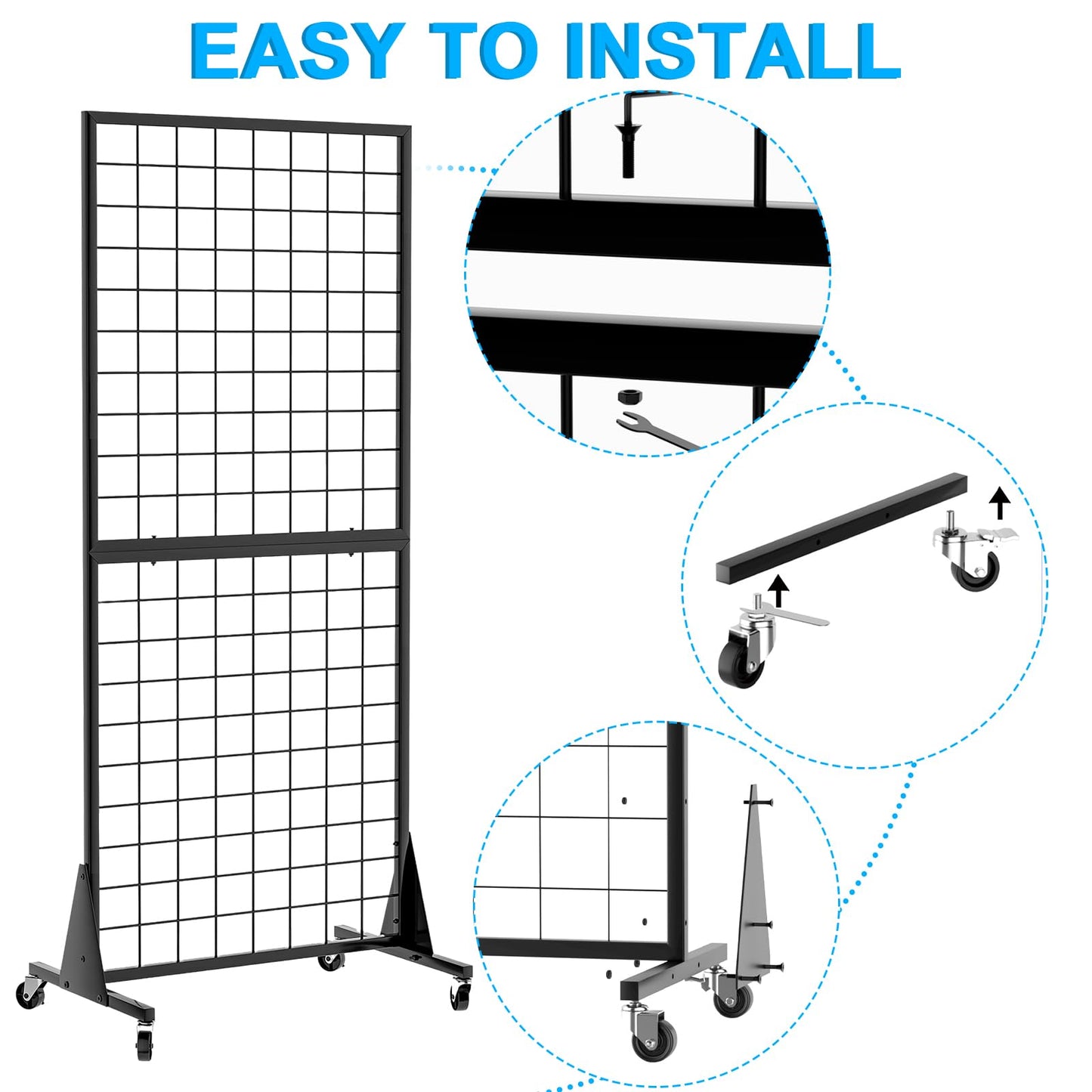 QKOSMTL 3-Pack Gridwall Panel Display Stand, 2'x5.5' Heavy Duty Floor Standing Rack with Detachable Girdwall, Movable Silent Wheel, Easy to Transport, Ideal for Retail & Craft Fairs