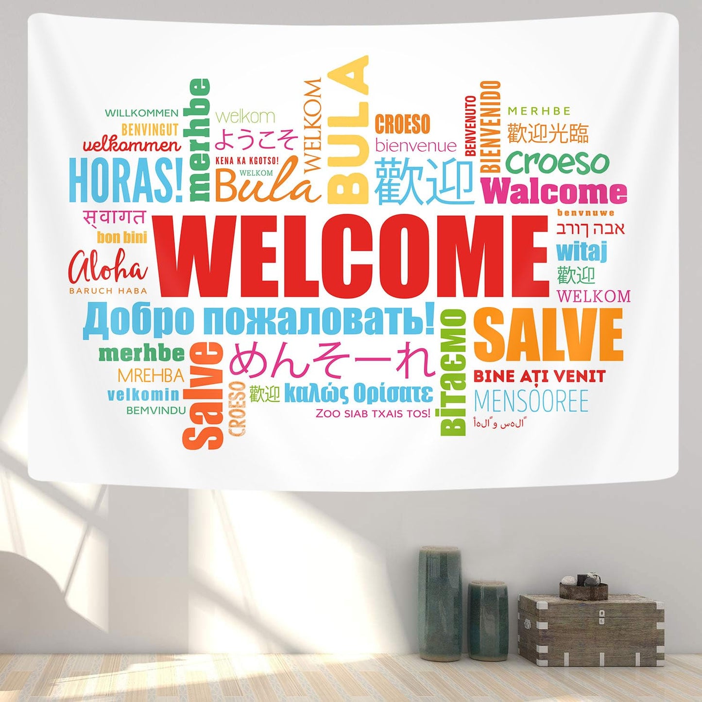 GOAOK Welcome Word in Different Languages Tapestry, Colourful Languages Multilingual Classroom Decor Aesthetic Tapestry Wall Hanging for Student Kids Decor Living Room Bedroom Dorm Playroom 60X40 In