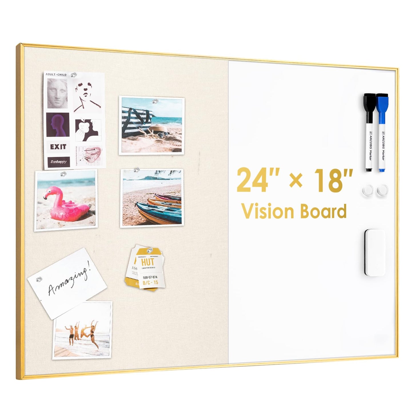 ARCOBIS Dry Erase Cork Board Combo, 24"X18" Whiteboard with Linen for Wall, Magnetic Dry Erase Bulletin Board, Vision Board for Home, Office, School, Off White