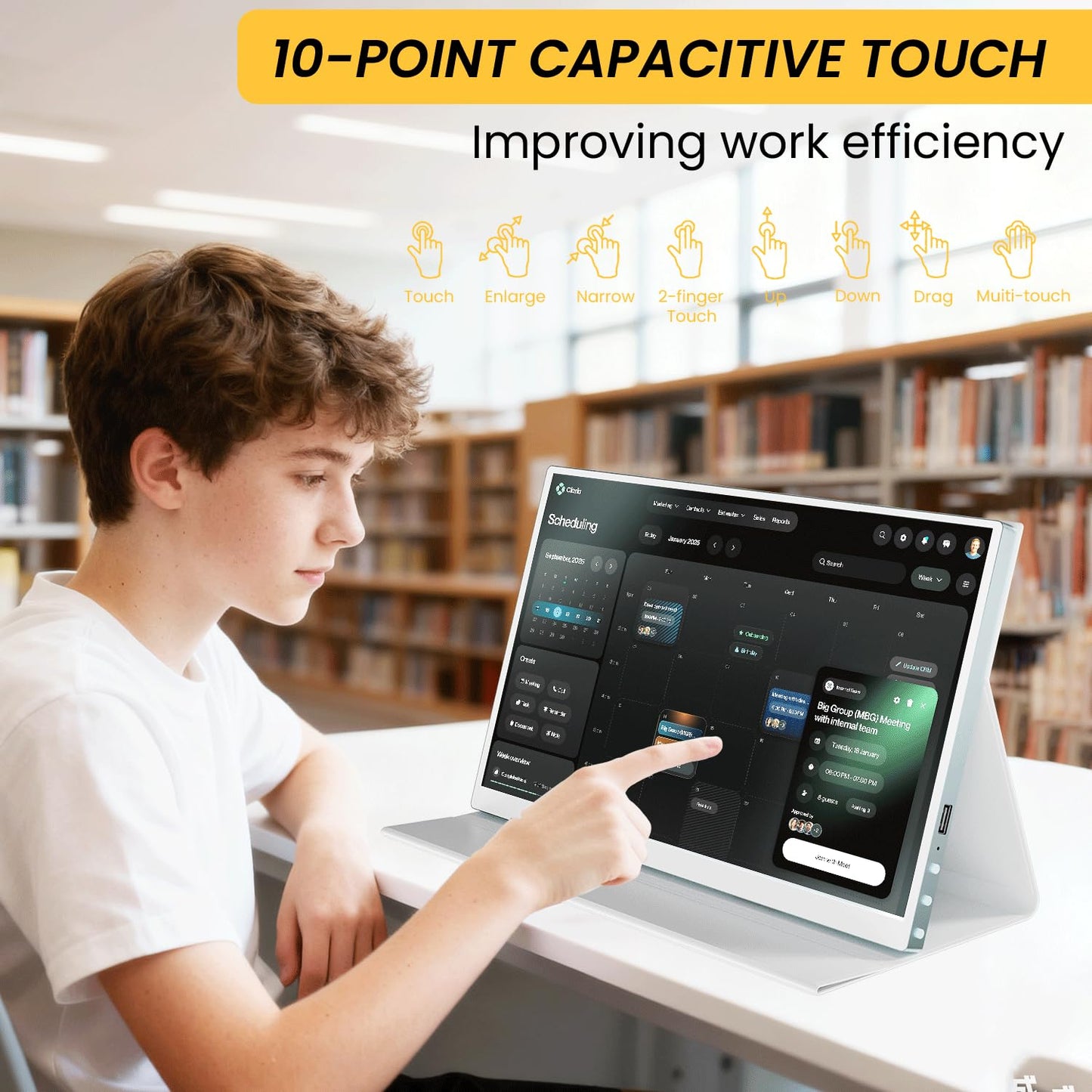 Prechen 15.6'' Touchscreen Portable Monitor, FHD IPS Display with Built-in Speaker & Protective Case, 10-Point Touch Screen, HDMI & USB-C Travel Monitors for Laptop, PC, Phone,Metal Gray + White