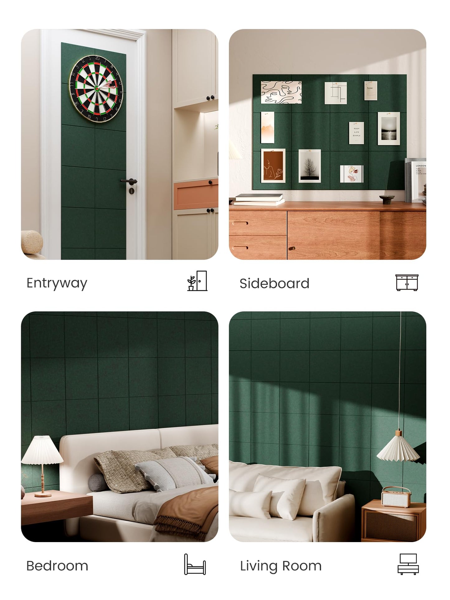 Bumusty Large Cork Board 48" x 36" Alternative - 12 Pack Felt Wall Tiles with 70 Safe Removable Adhesive Tabs, 30 Pushpins, Cork Boards for Walls Pin Board Bulletin Board Office Decor (Pine Green)