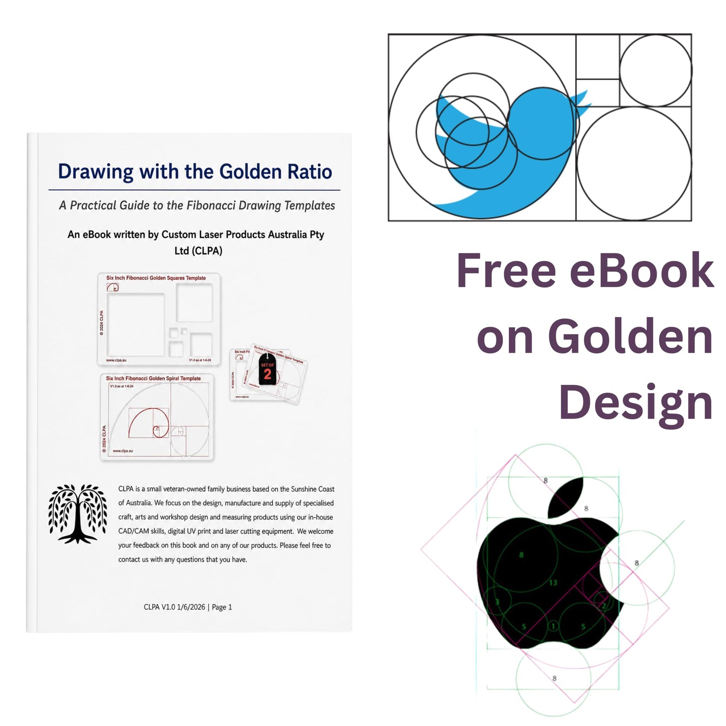 CLPA Fibonacci 3-Piece Template Set — 6" Circle, Star and Square | Golden Ratio Drawing Tools | Fibonacci Art, Quilting and Drafting Stencils | Clear PETG | Made in Australia